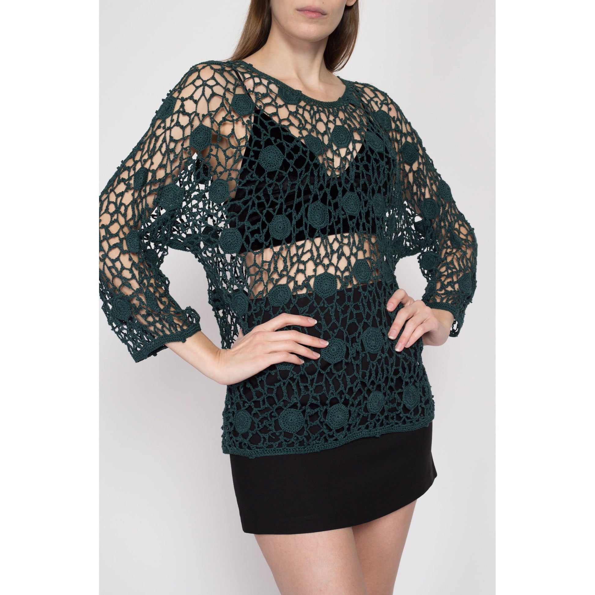 Medium 70s 80s Kroshetta Green Crochet Top | Vintage Boho Spider Web Knit Sheer 3/4 Sleeve Blouse