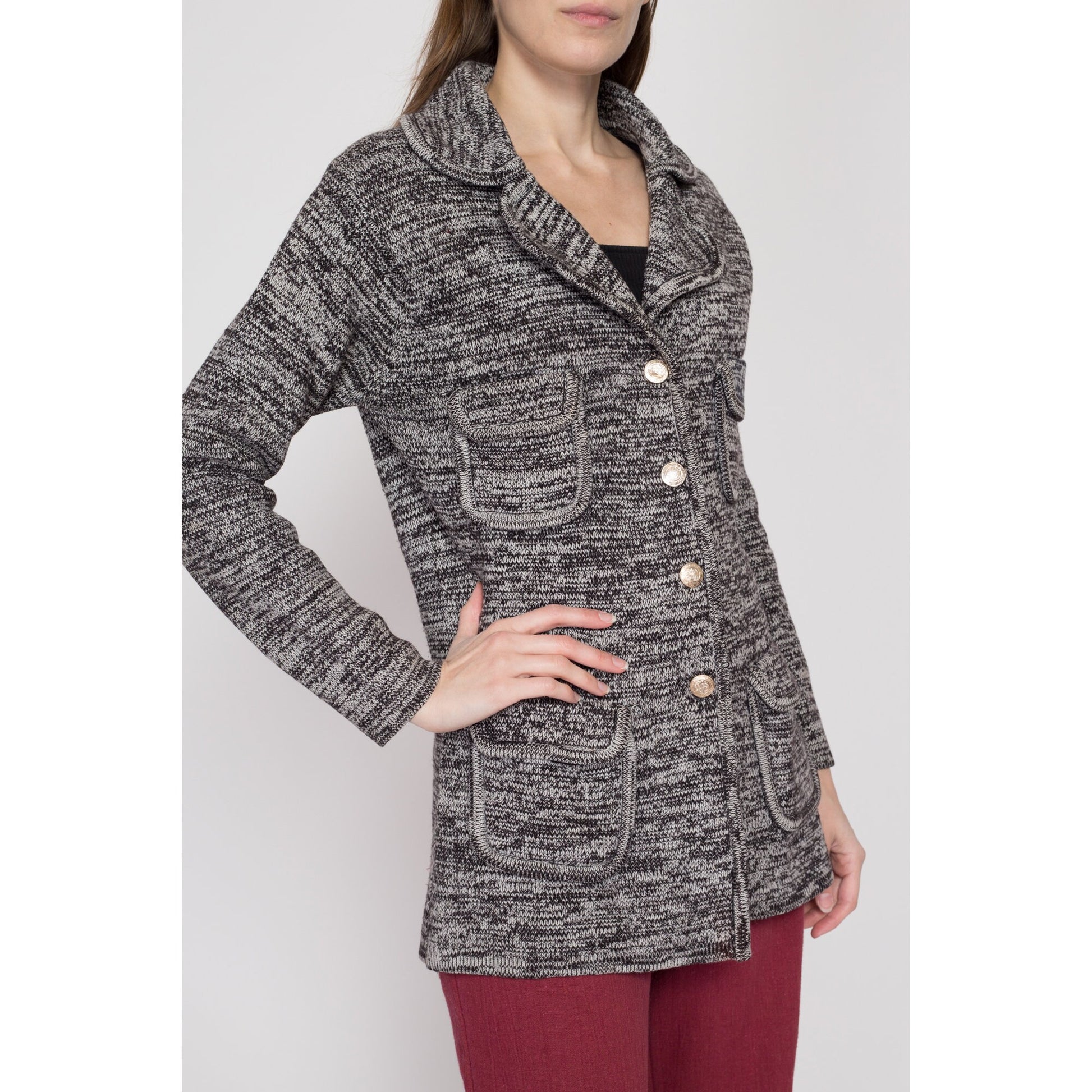 Medium 70s Marled Grey Knit Cardigan | Vintage Notched Collar Retro Button Up Sweater
