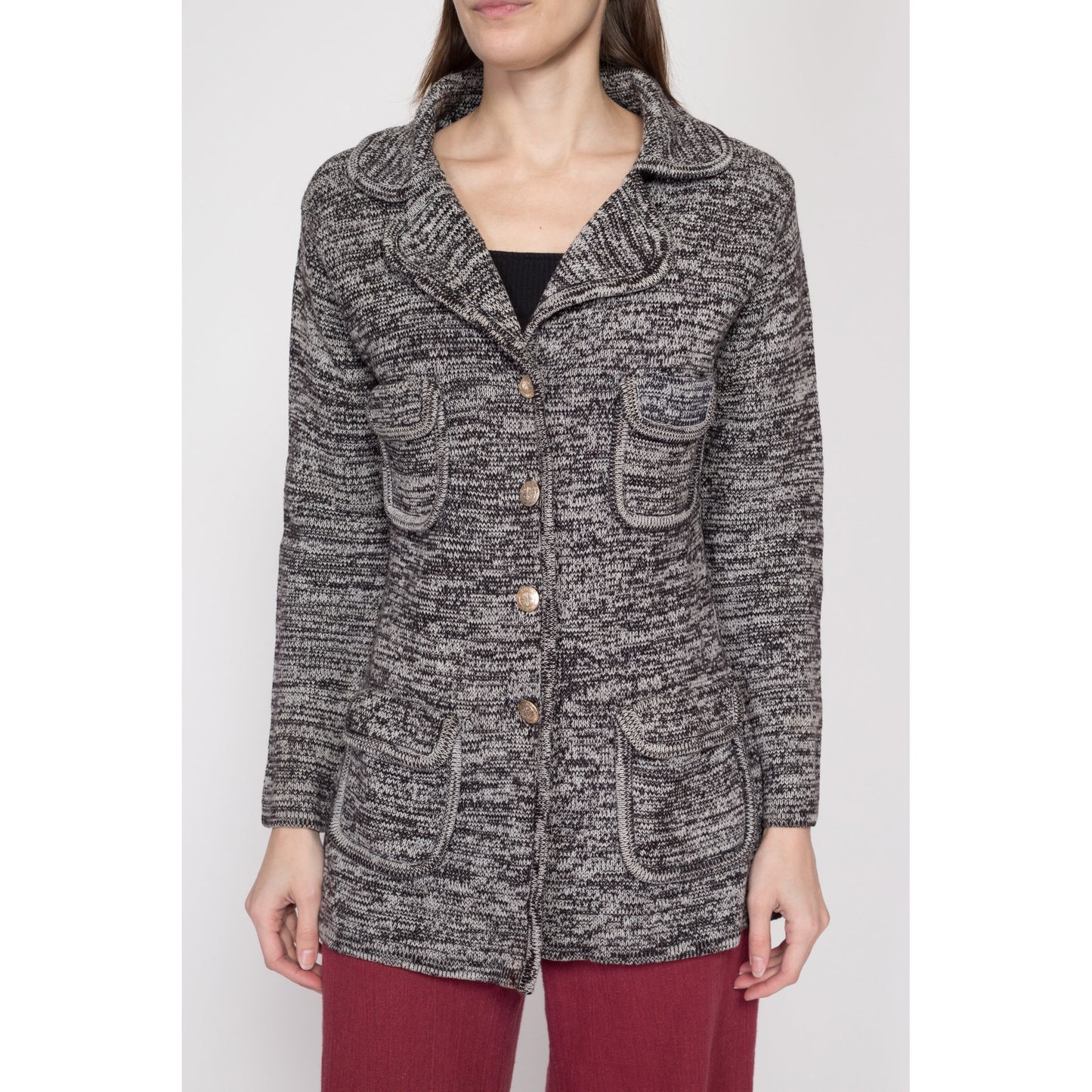 Medium 70s Marled Grey Knit Cardigan | Vintage Notched Collar Retro Button Up Sweater