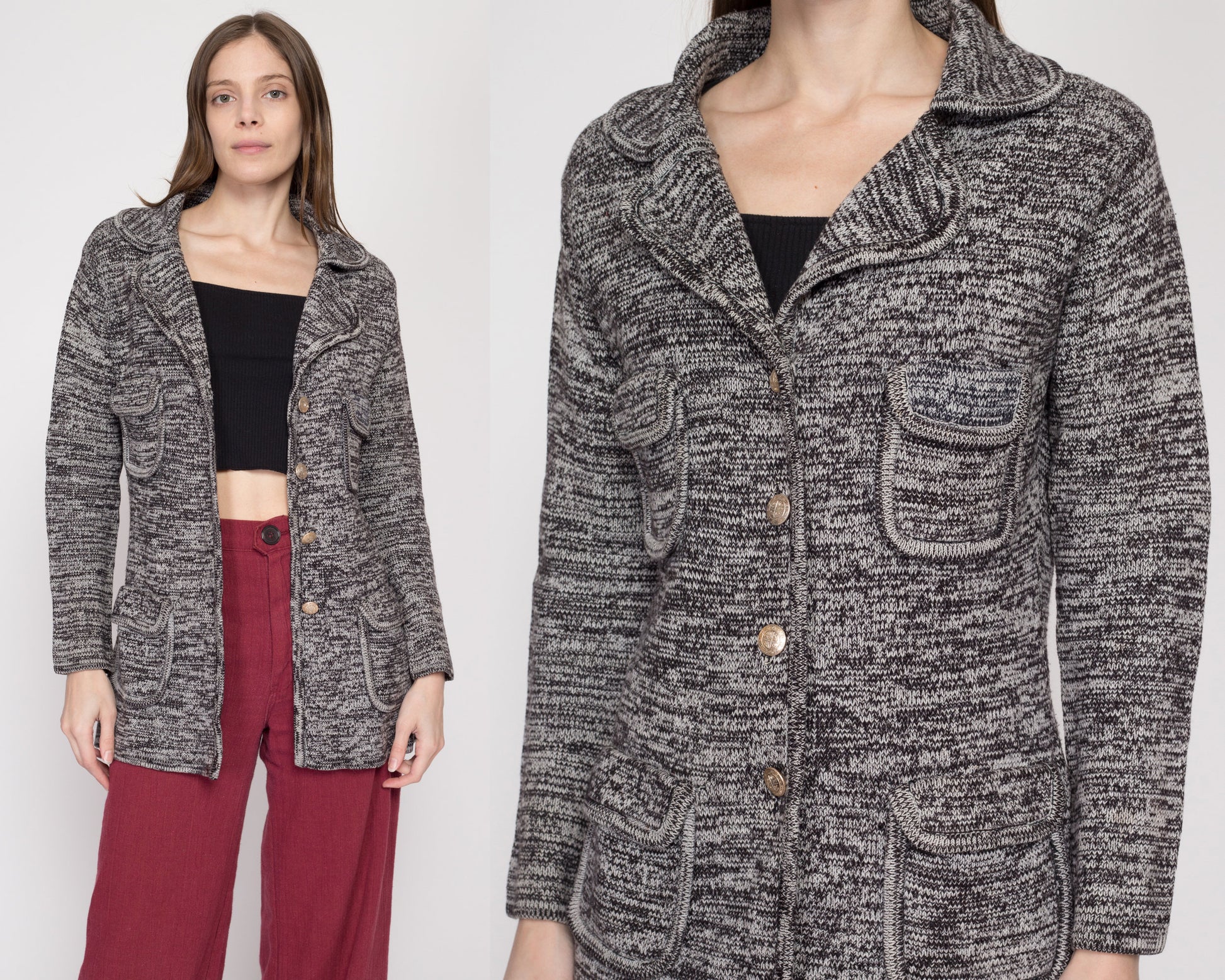 Medium 70s Marled Grey Knit Cardigan | Vintage Notched Collar Retro Button Up Sweater