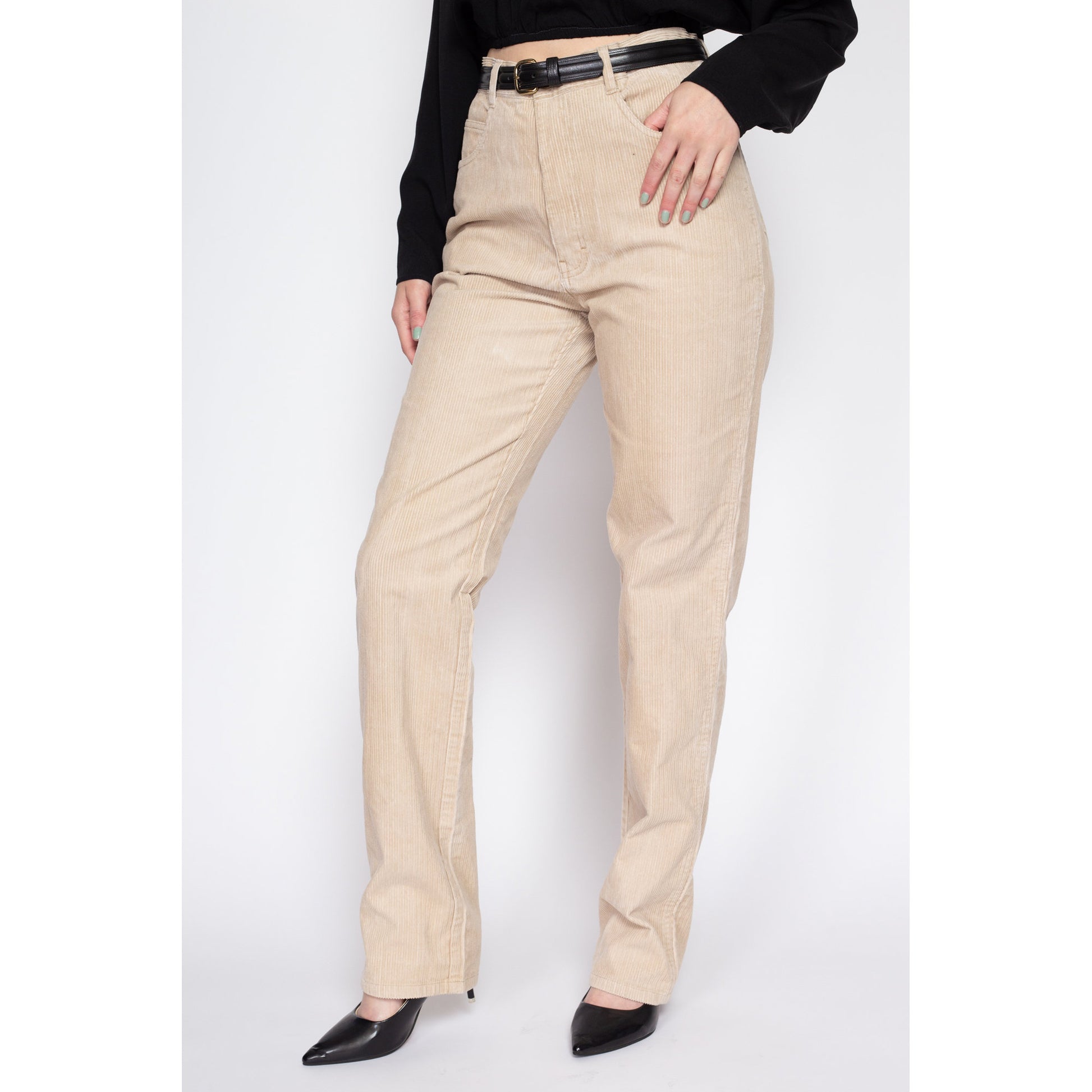 33" Waist 90s Jordache Tan Corduroy Pants Unisex | Vintage High Waisted Tapered Leg Cords Trousers