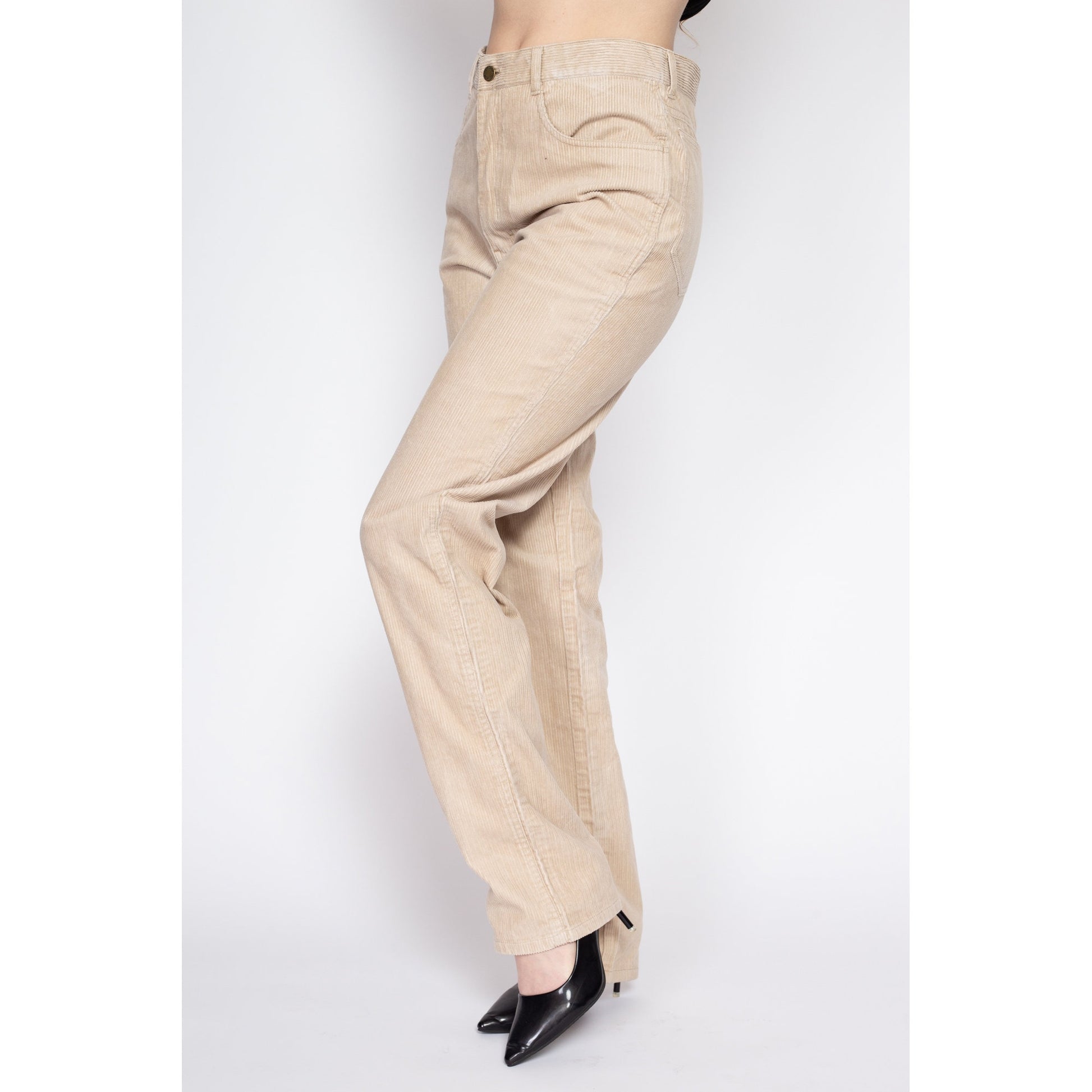 33" Waist 90s Jordache Tan Corduroy Pants Unisex | Vintage High Waisted Tapered Leg Cords Trousers