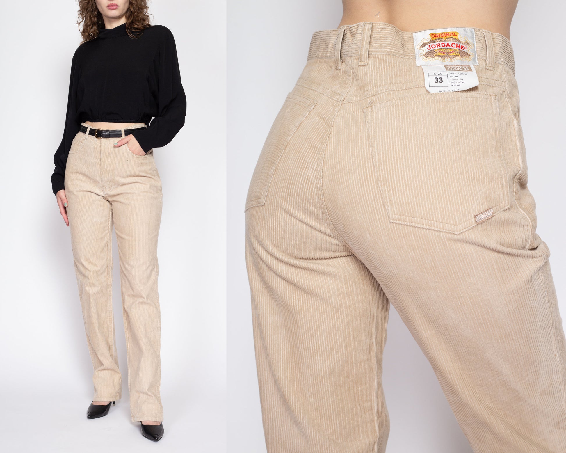 33" Waist 90s Jordache Tan Corduroy Pants Unisex | Vintage High Waisted Tapered Leg Cords Trousers