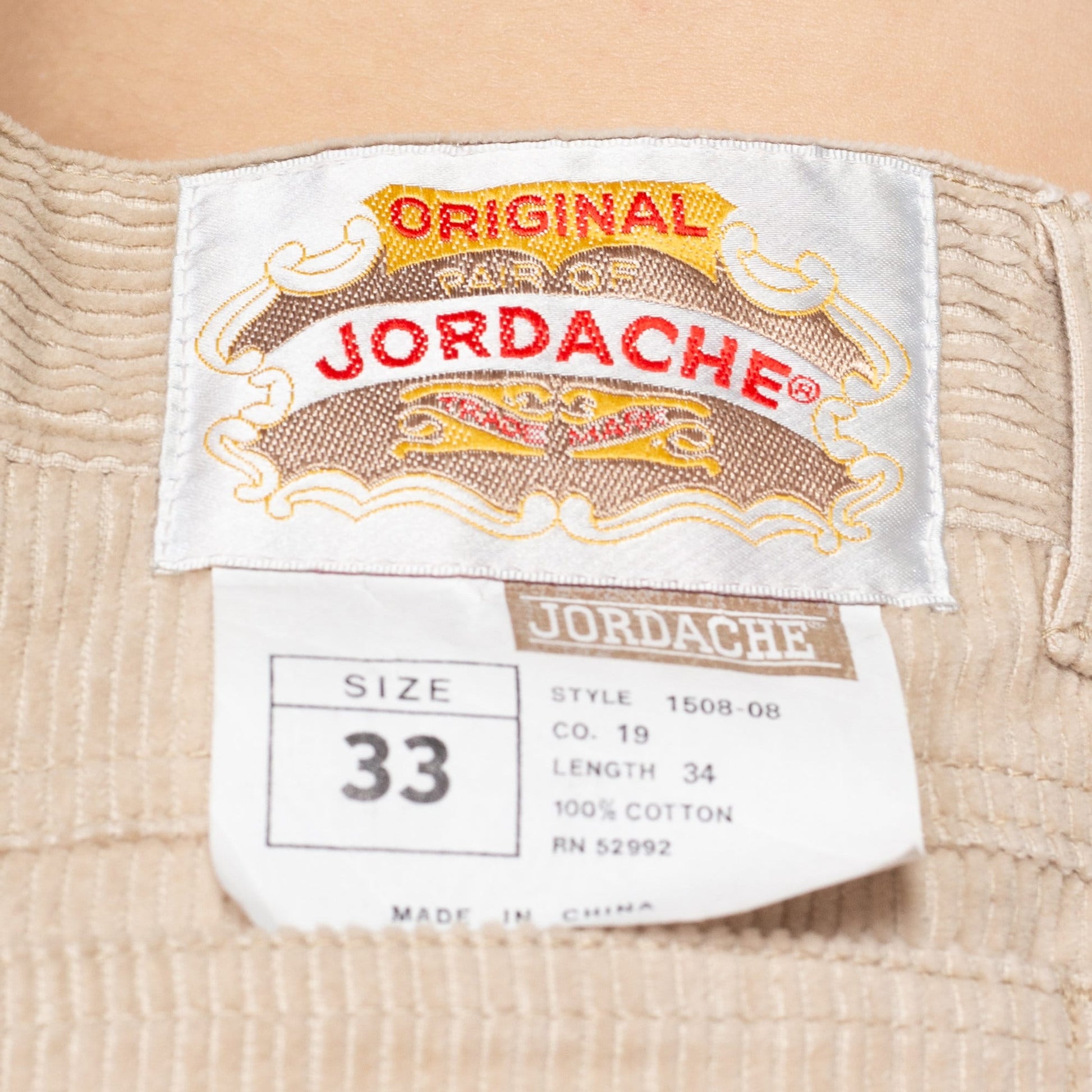 33" Waist 90s Jordache Tan Corduroy Pants Unisex | Vintage High Waisted Tapered Leg Cords Trousers