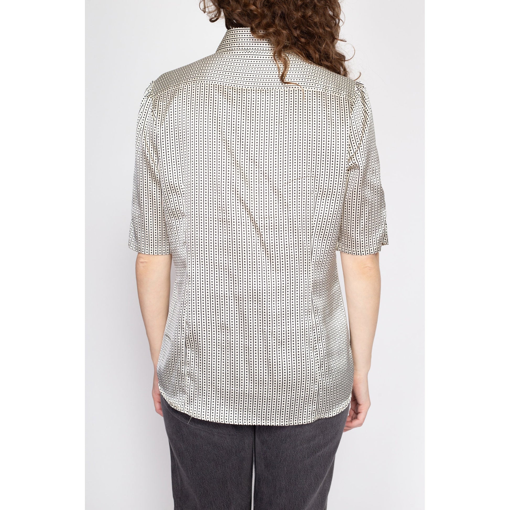 Large 80s Black & White Polka Dot Satin Shirt | Vintage Button Up Short Sleeve Collared Shirt
