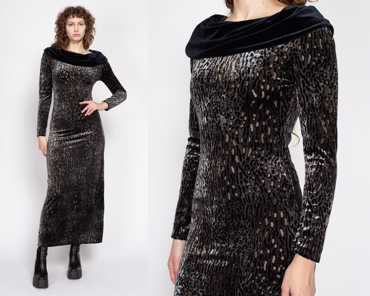 Medium 90s Cheetah Print Velvet Burnout Dress | Vintage Grey Black Scarf Collar Sheer Sexy Long Sleeve Maxi Dress