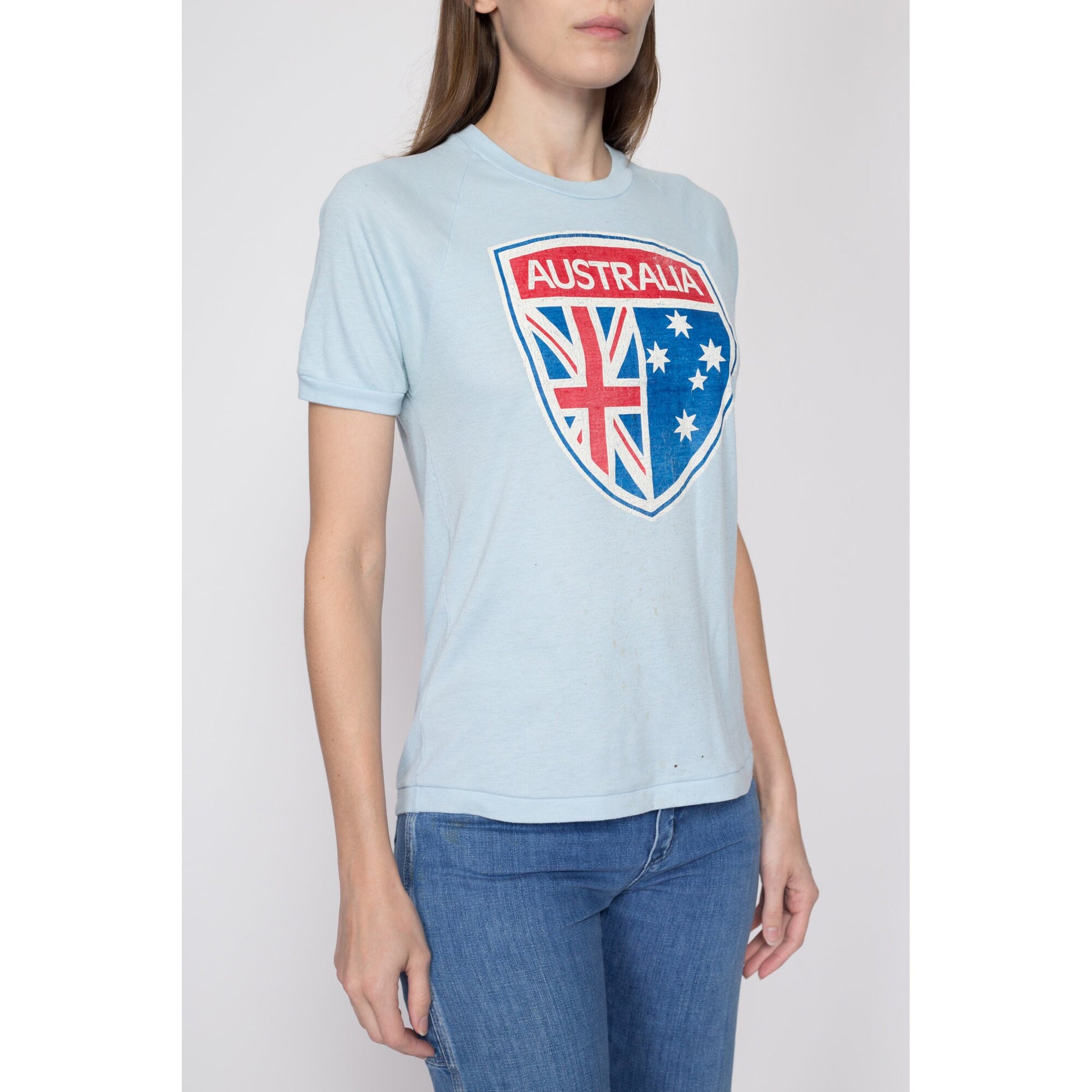 Small 70s Australian Flag T Shirt | Vintage Blue Distressed Graphic Tourist Tee