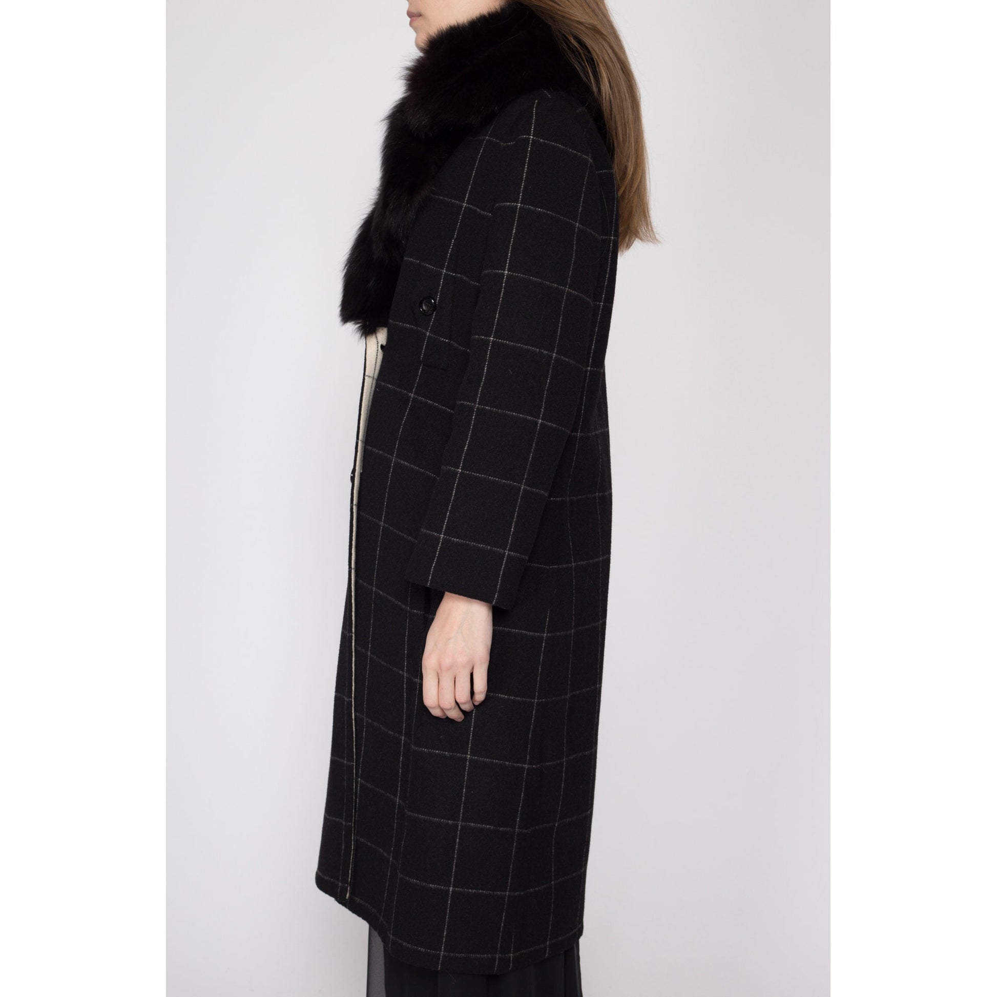 Sm-Med 70s Galanos Designer Wool Fur Collar Overcoat | Vintage Grid Pattern Double Breasted Winter Blanket Jacket