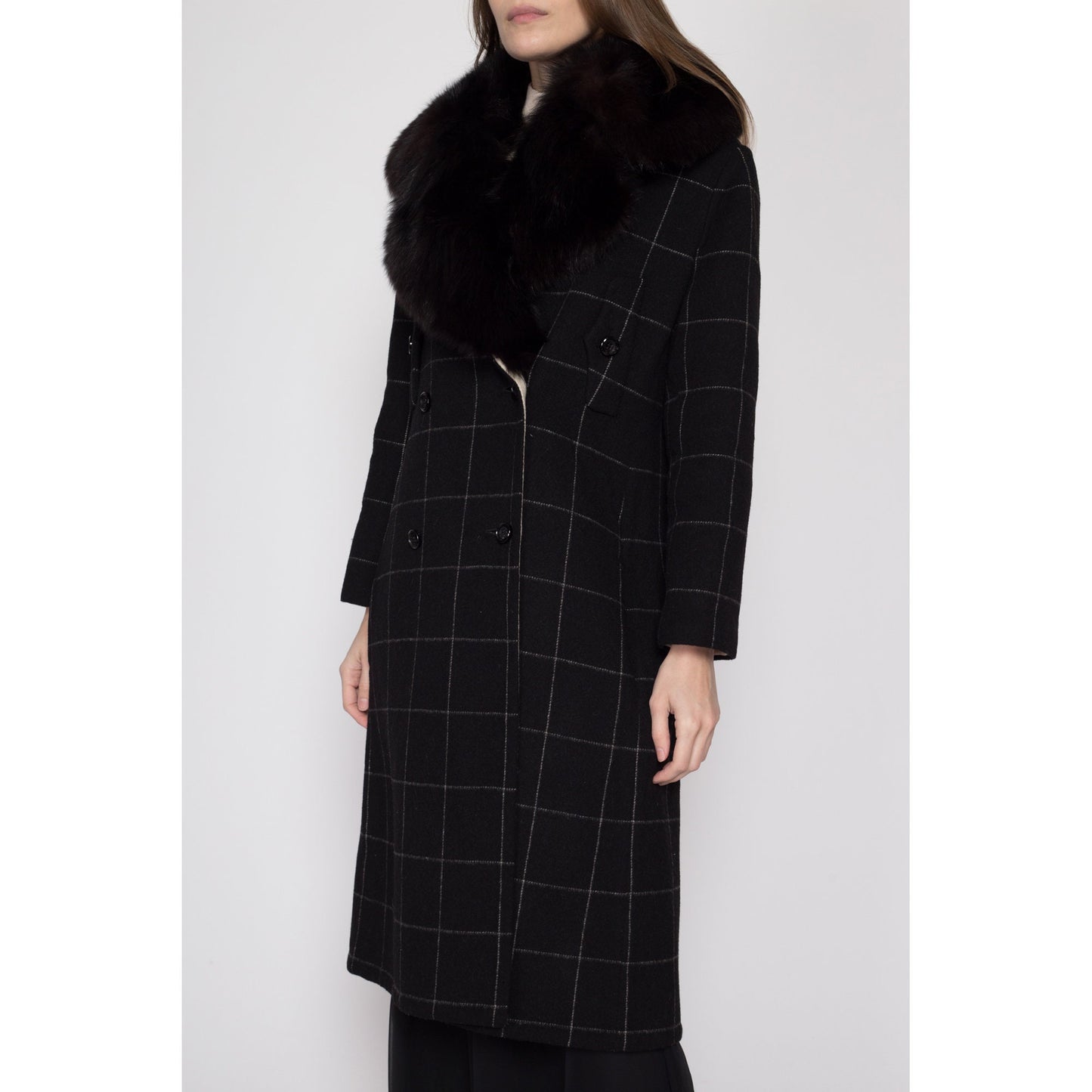 Sm-Med 70s Galanos Designer Wool Fur Collar Overcoat | Vintage Grid Pattern Double Breasted Winter Blanket Jacket