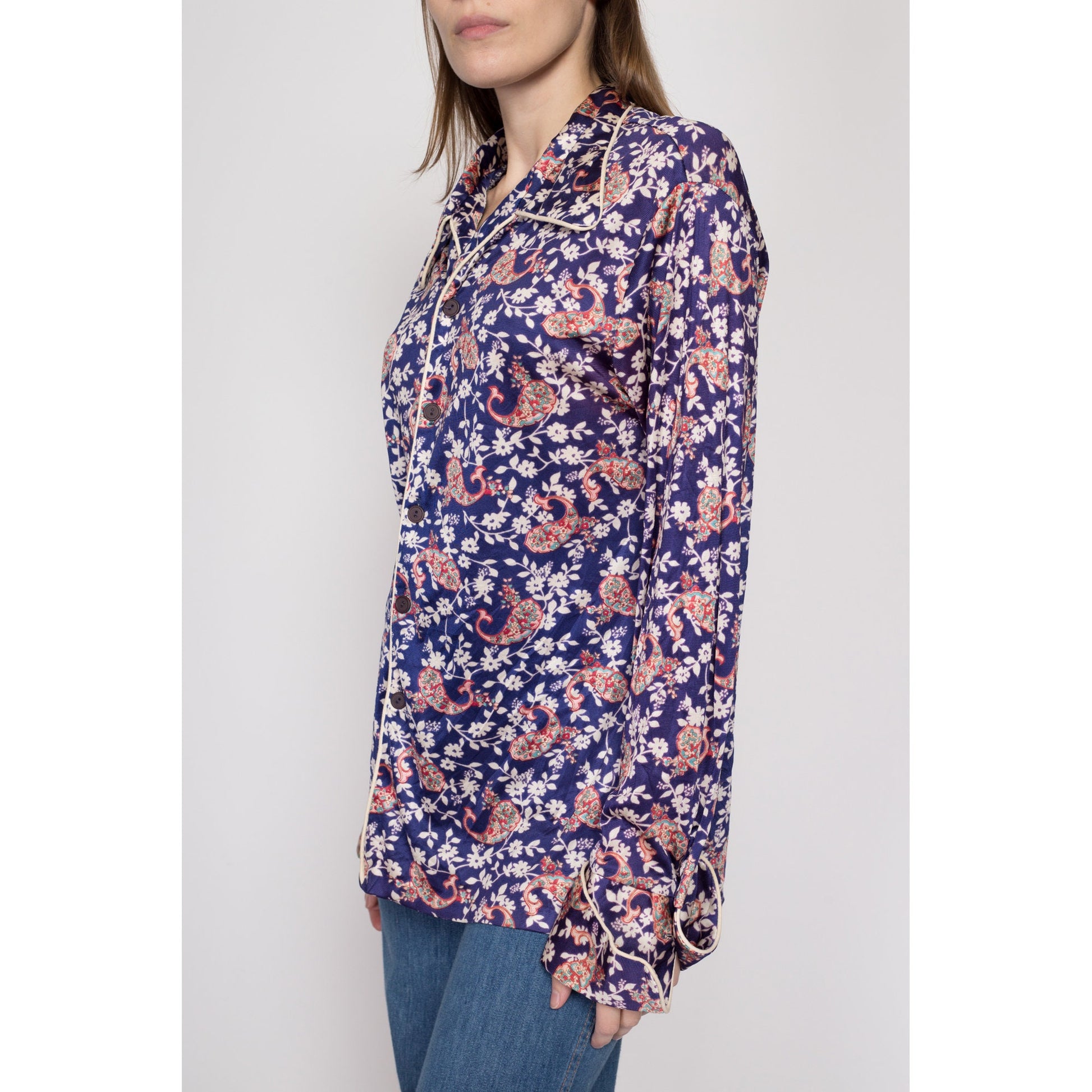 70s Mr. Jan Purple Floral Satin Shirt | Boho Vintage Loungewear Disco Pajama Top