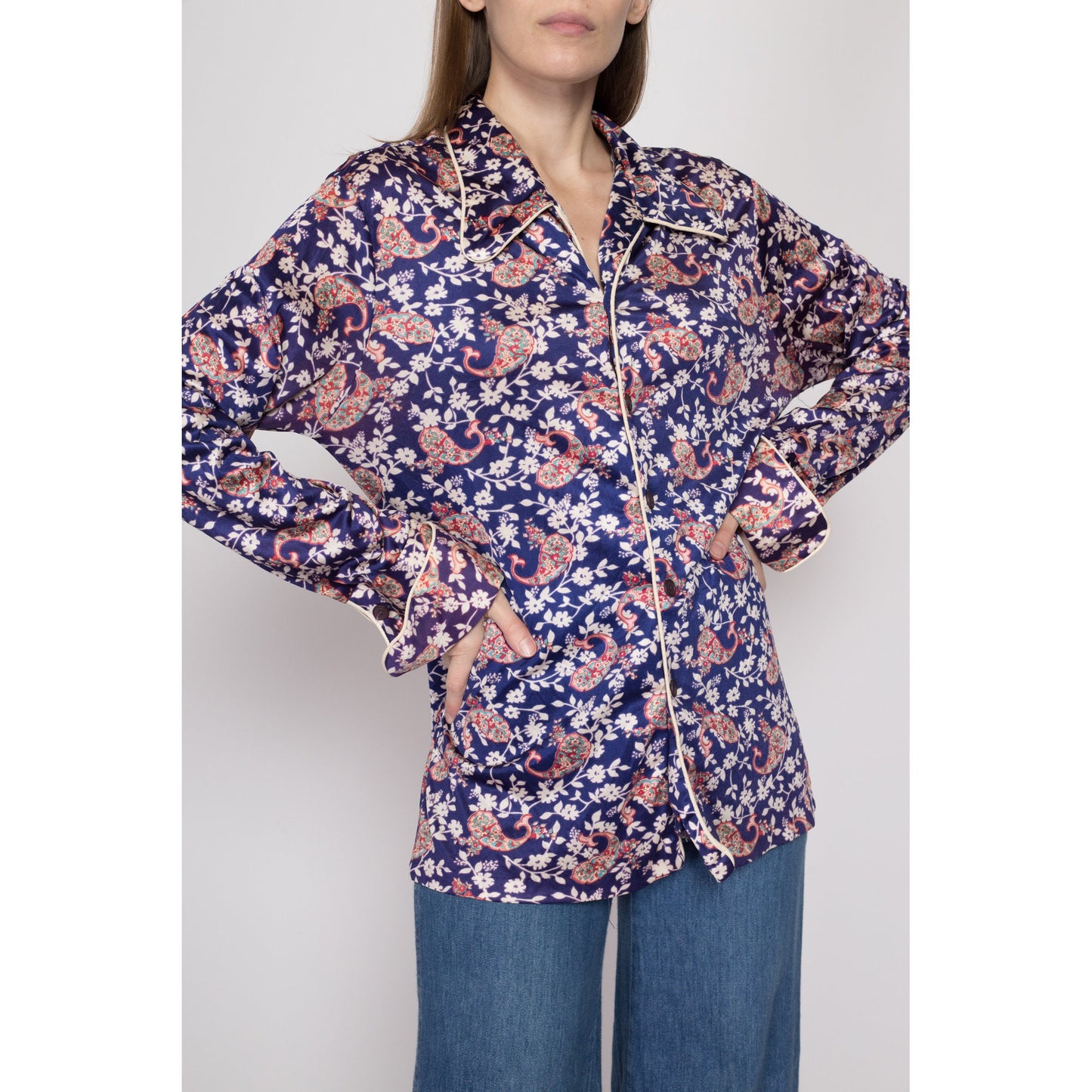 70s Mr. Jan Purple Floral Satin Shirt | Boho Vintage Loungewear Disco Pajama Top