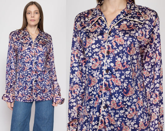 70s Mr. Jan Purple Floral Satin Shirt | Boho Vintage Loungewear Disco Pajama Top