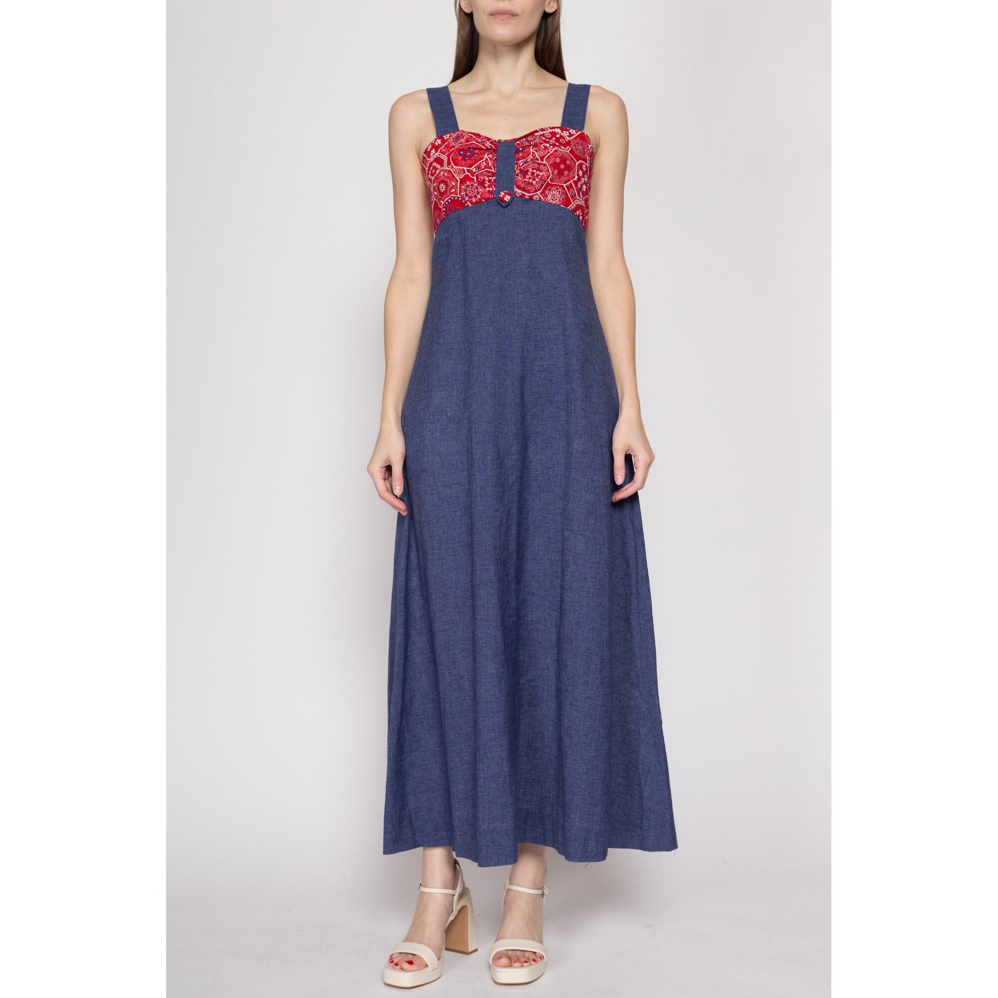 Small 70s Chambray Bandana Maxi Dress | Boho Vintage A Line Hippie Sundress