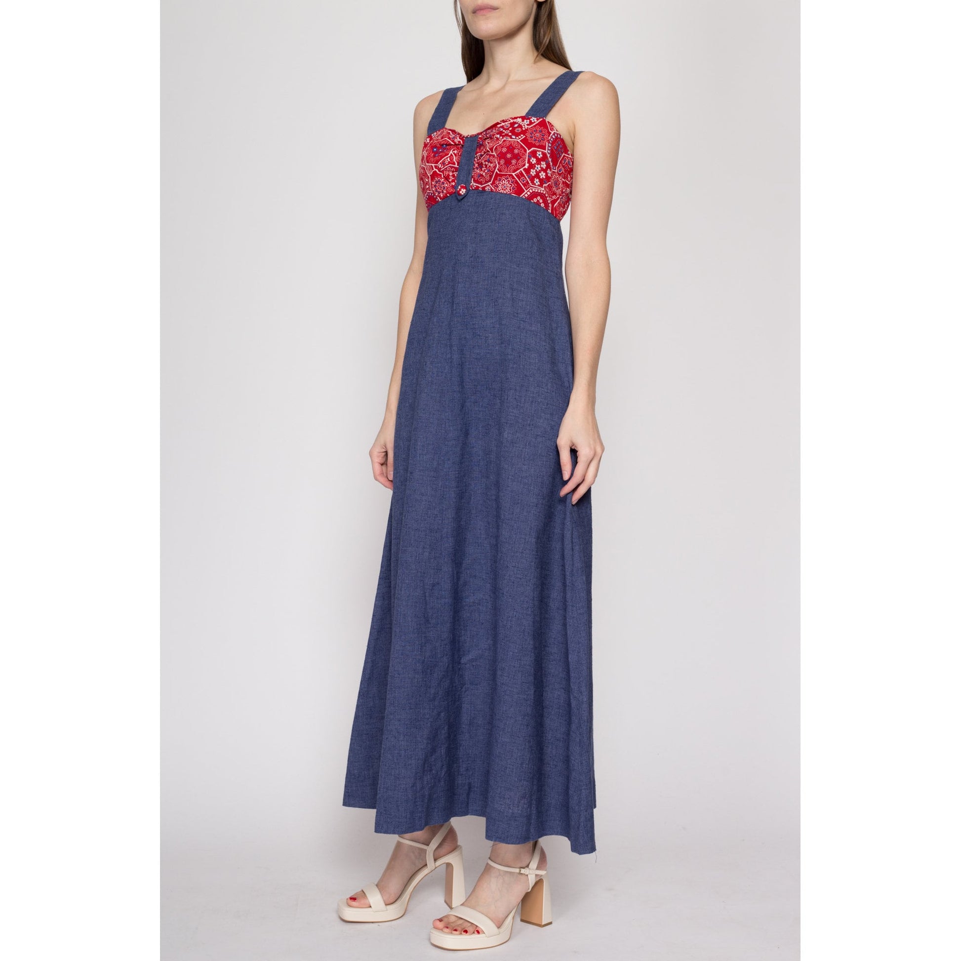 Small 70s Chambray Bandana Maxi Dress | Boho Vintage A Line Hippie Sundress