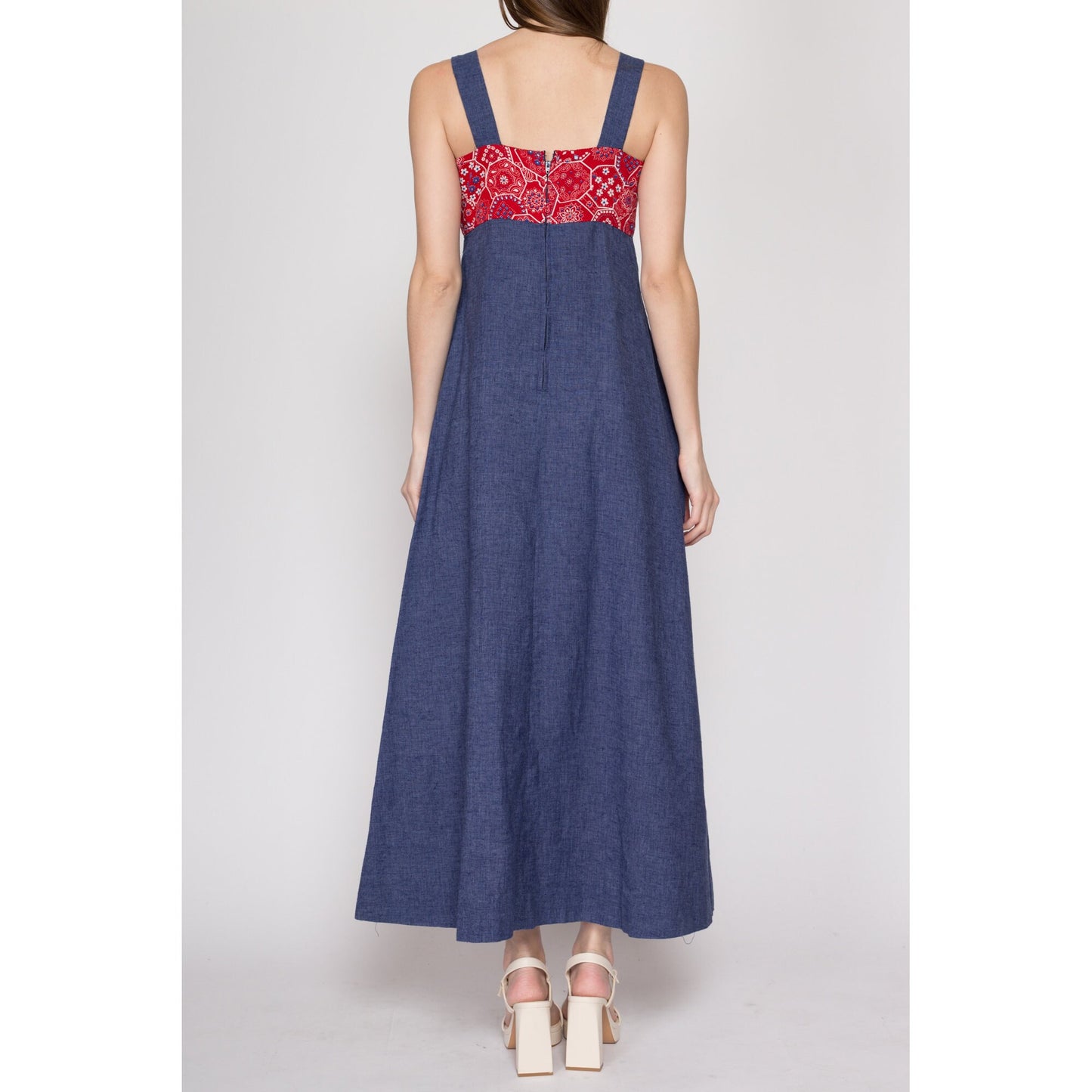 Small 70s Chambray Bandana Maxi Dress | Boho Vintage A Line Hippie Sundress
