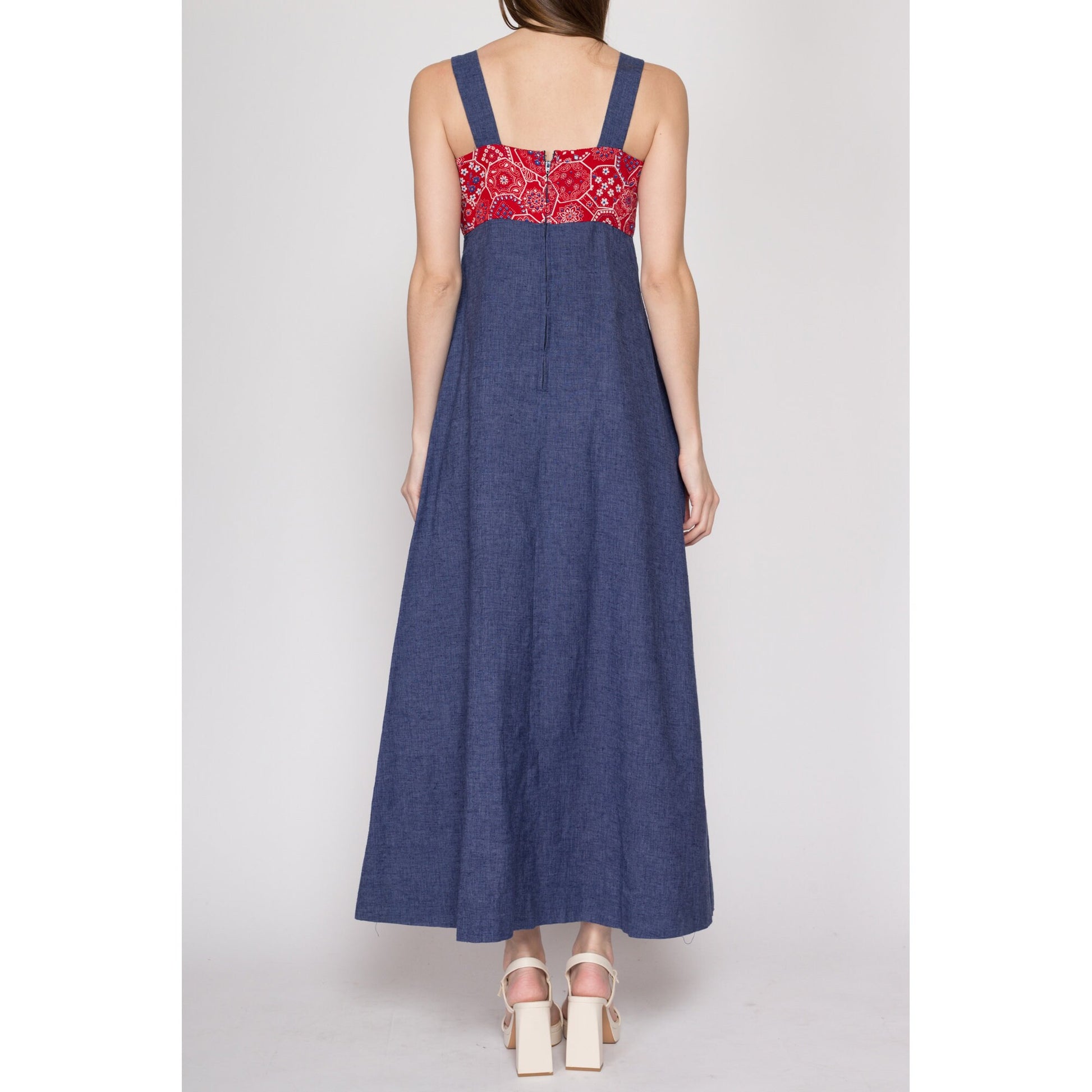 Small 70s Chambray Bandana Maxi Dress | Boho Vintage A Line Hippie Sundress