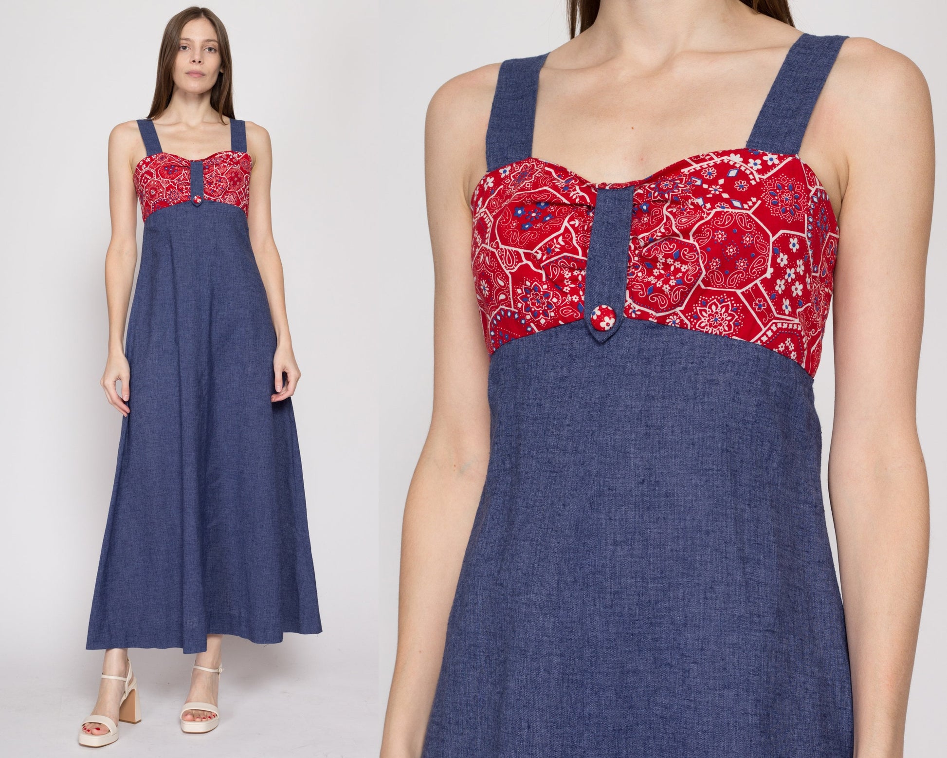 Small 70s Chambray Bandana Maxi Dress | Boho Vintage A Line Hippie Sundress