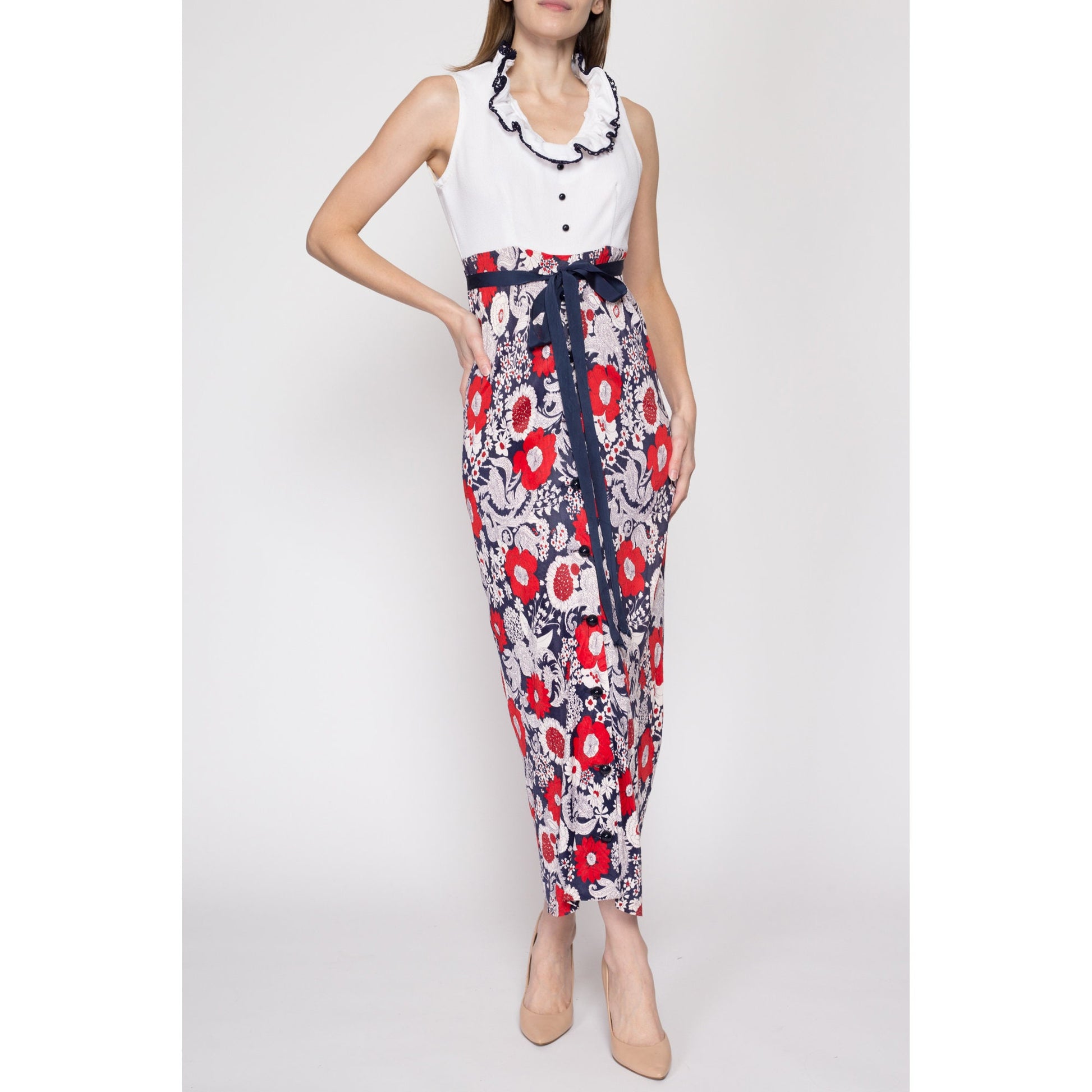 60s Red White & Blue Floral Maxi Dress