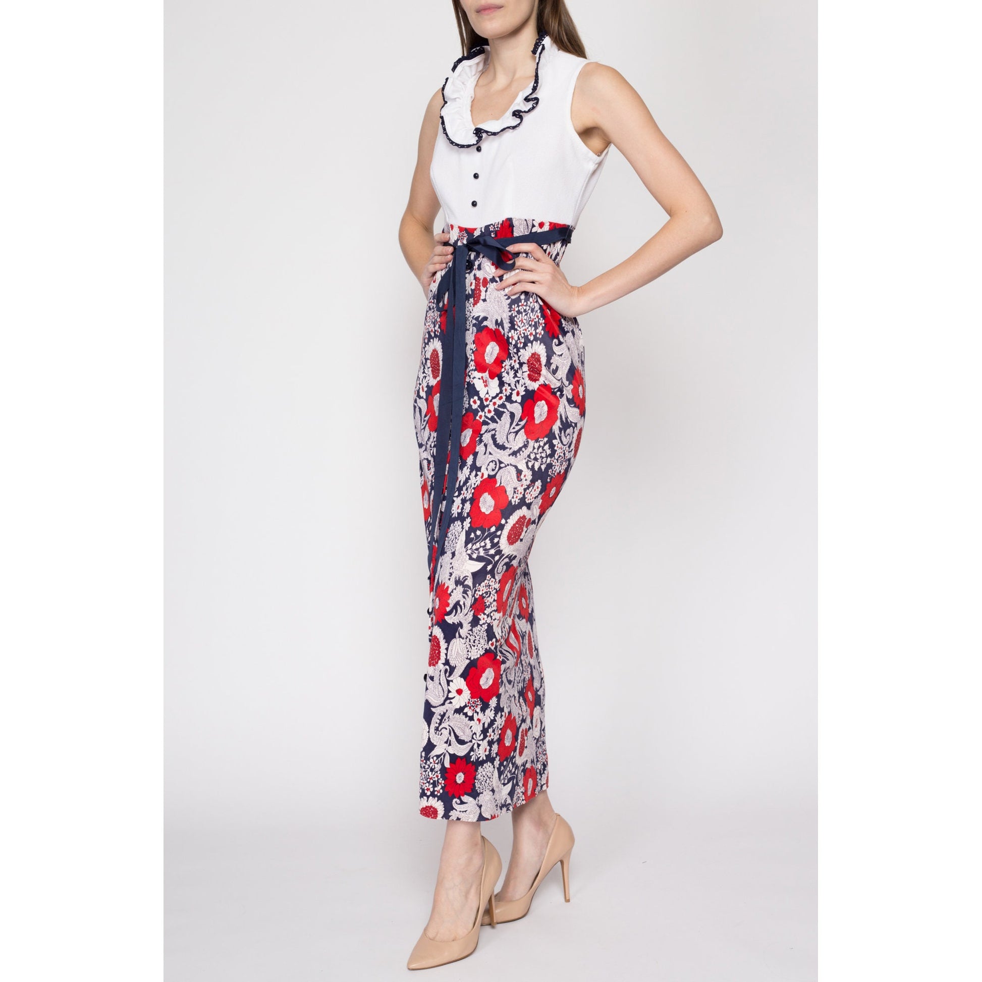 60s Red White & Blue Floral Maxi Dress - Small to Medium Flying Apple Vintage 60s Red White & Blue Floral Maxi Dress - Small to Medium Flying Apple Vintage