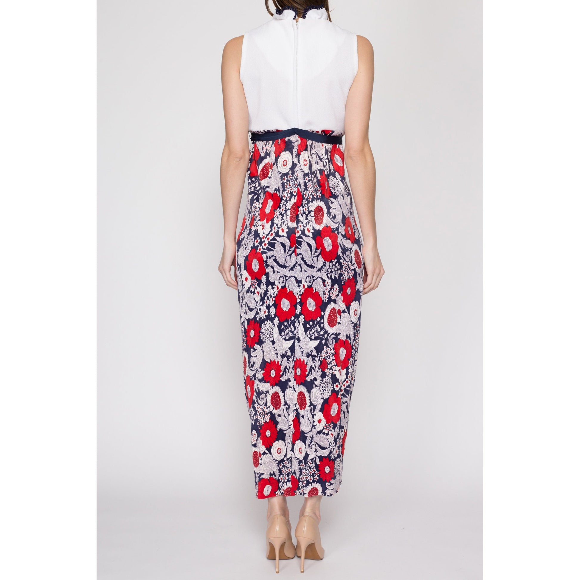 60s Red White & Blue Floral Maxi Dress - Small to Medium Flying Apple Vintage 60s Red White & Blue Floral Maxi Dress - Small to Medium Flying Apple Vintage
