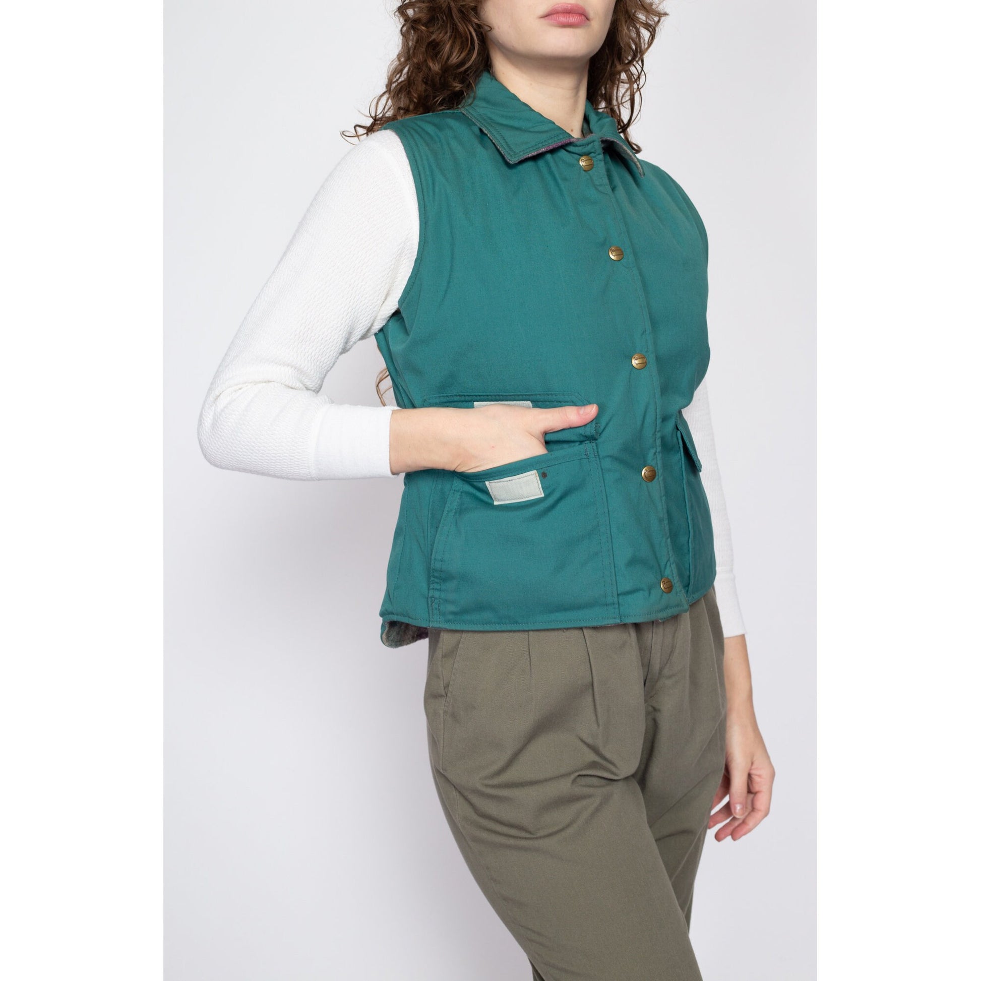 Medium 80s Woolrich Teal & Plaid Reversible Vest | Vintage Snap Up Sleeveless Jacket