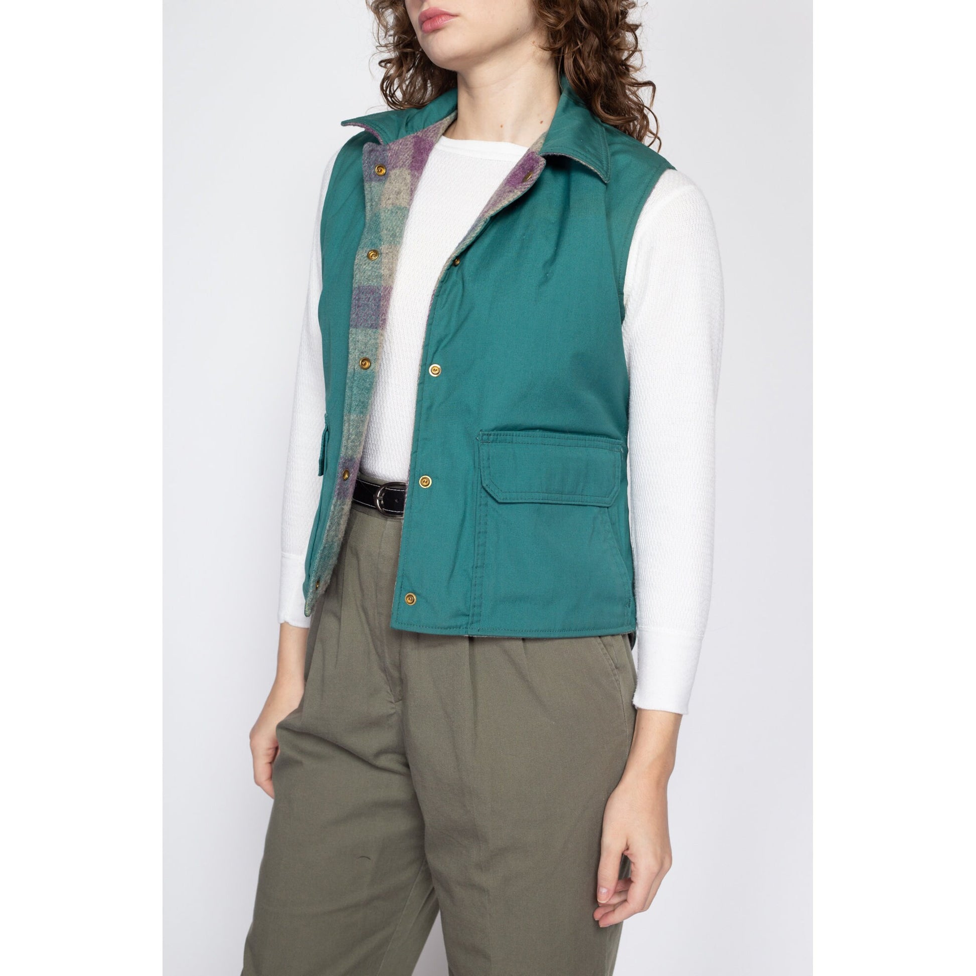 Medium 80s Woolrich Teal & Plaid Reversible Vest | Vintage Snap Up Sleeveless Jacket