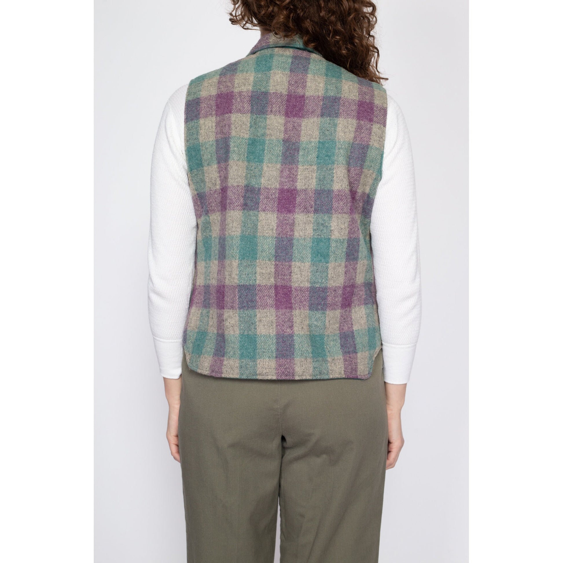 Medium 80s Woolrich Teal & Plaid Reversible Vest | Vintage Snap Up Sleeveless Jacket