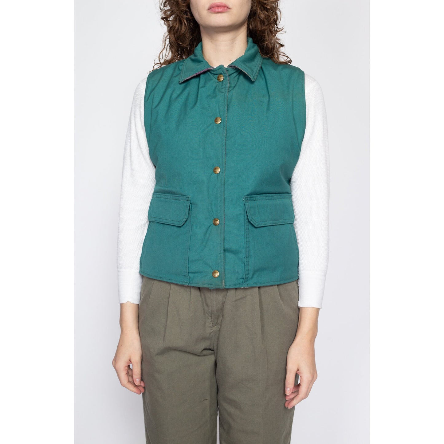 Medium 80s Woolrich Teal & Plaid Reversible Vest | Vintage Snap Up Sleeveless Jacket