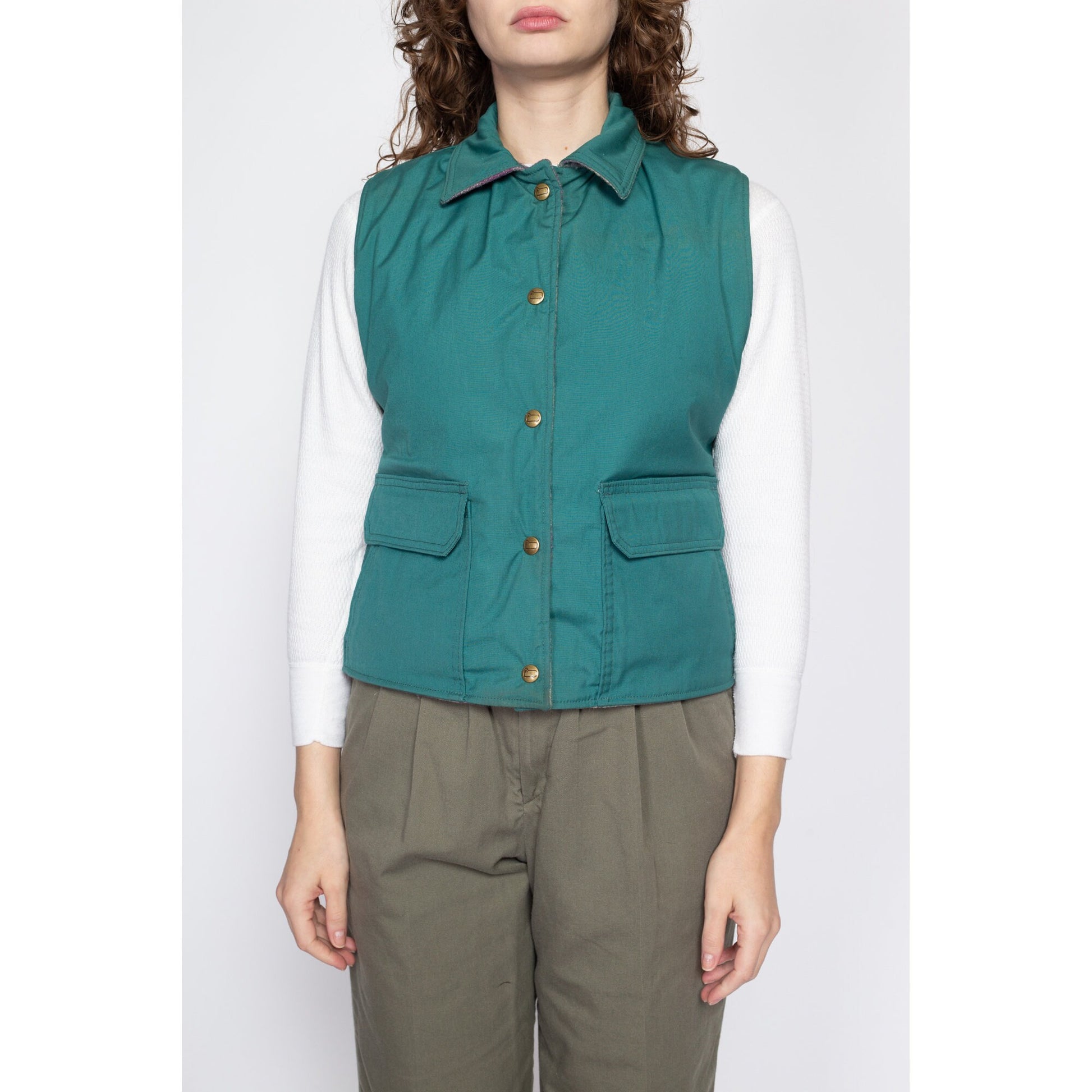 Medium 80s Woolrich Teal & Plaid Reversible Vest | Vintage Snap Up Sleeveless Jacket