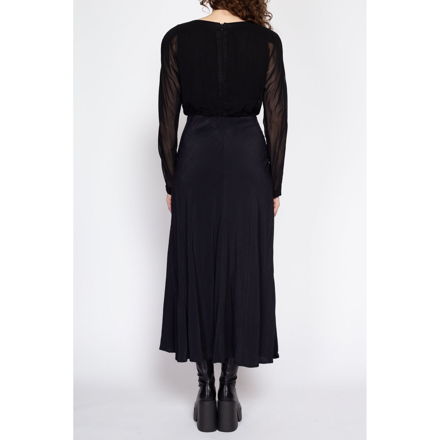 Medium 90s Black Bias Cut Maxi Dress | Vintage Gothic Minimalist Sheer Sleeve V Neck Dress