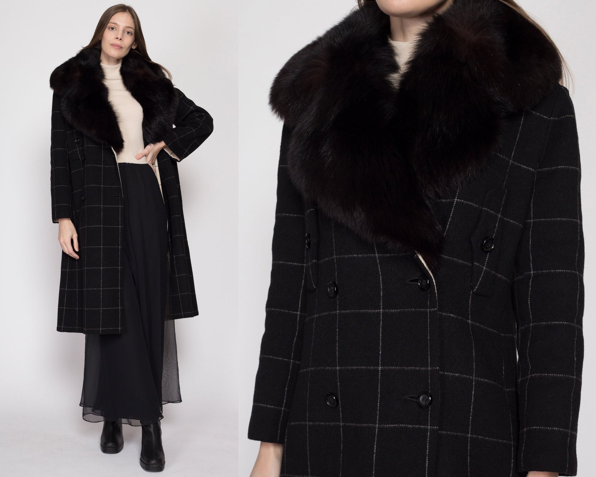 Sm-Med 70s Galanos Designer Wool Fur Collar Overcoat | Vintage Grid Pattern Double Breasted Winter Blanket Jacket