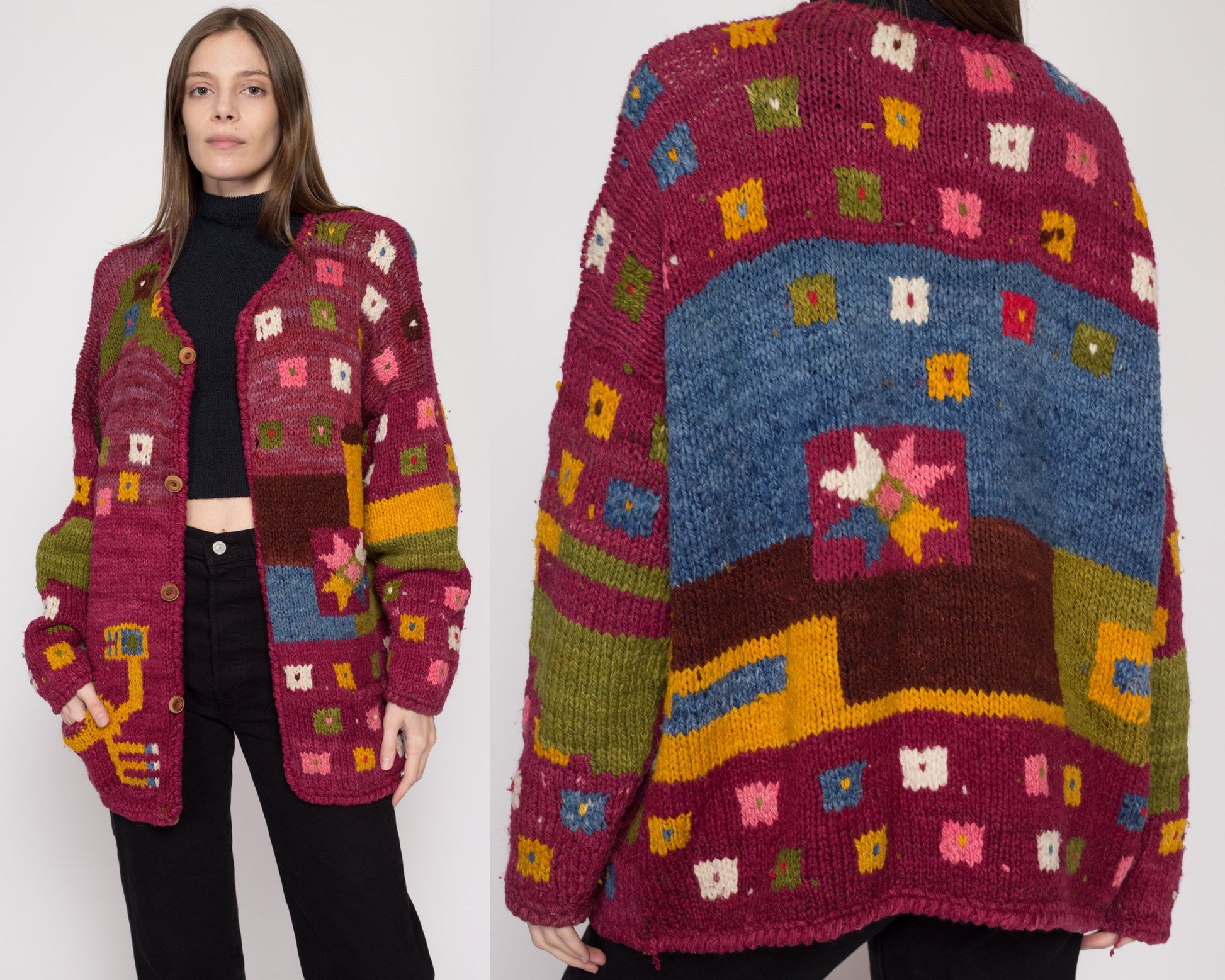 XL 90s Boho Geometric Wool Knit Cardigan | Vintage Button Up Hippie Sweater