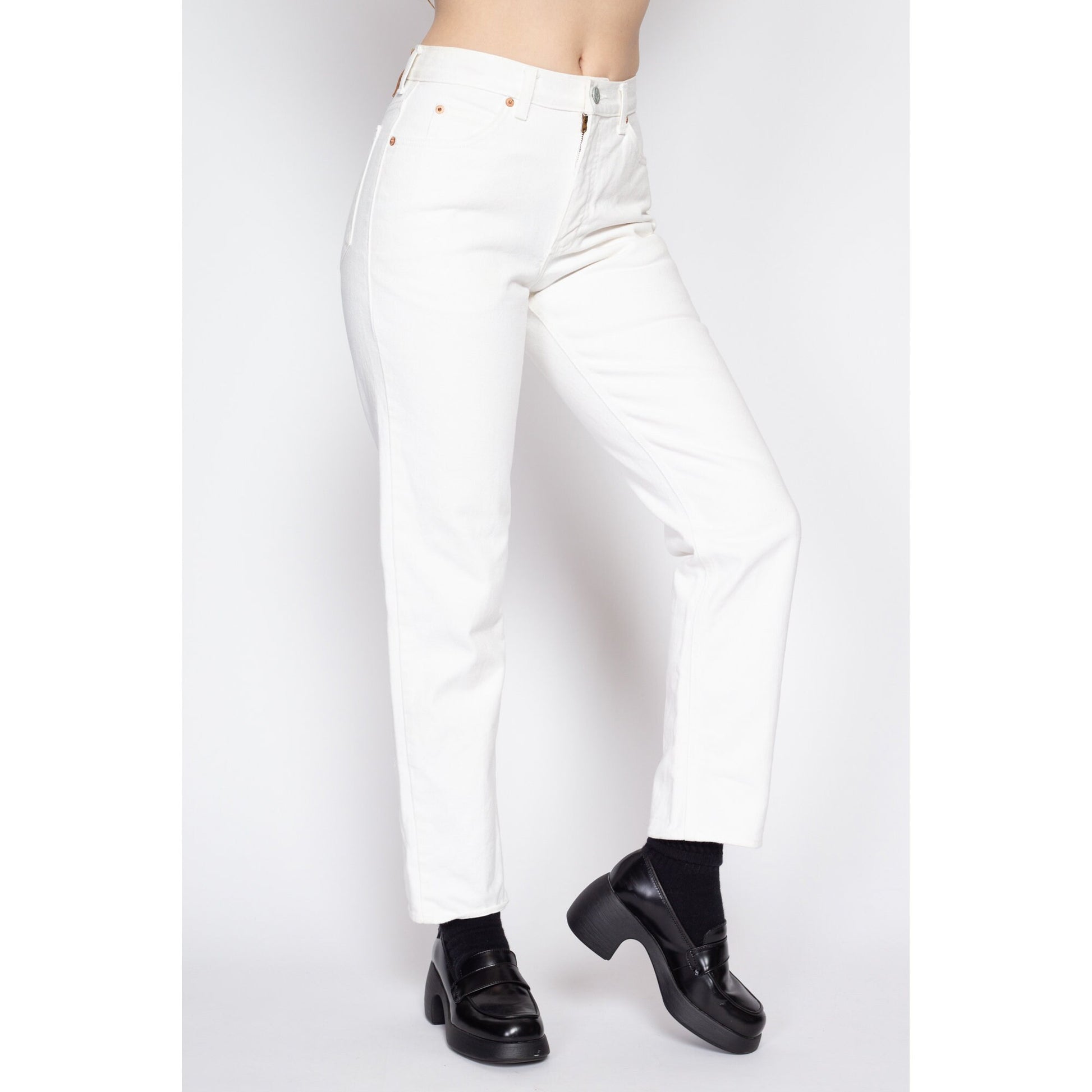 Small 90s Calvin Klein White Jeans | Vintage CK Denim Tapered Leg Jeans