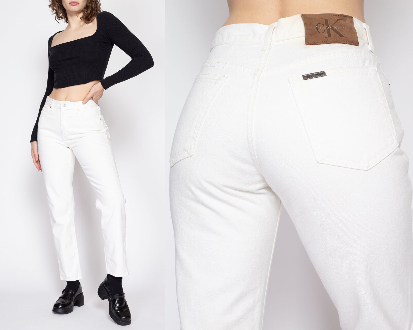 Small 90s Calvin Klein White Jeans | Vintage CK Denim Tapered Leg Jeans