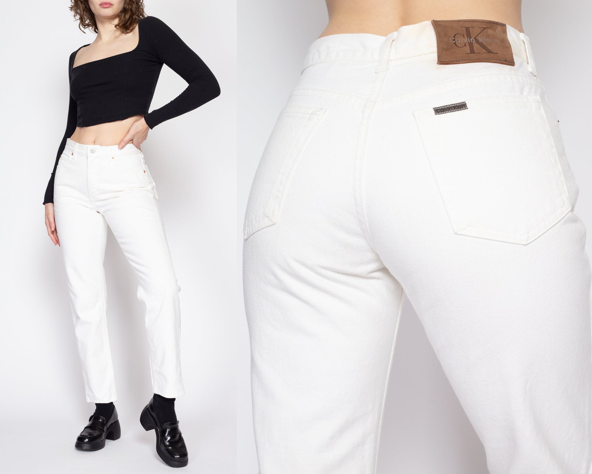 Small 90s Calvin Klein White Jeans | Vintage CK Denim Tapered Leg Jeans