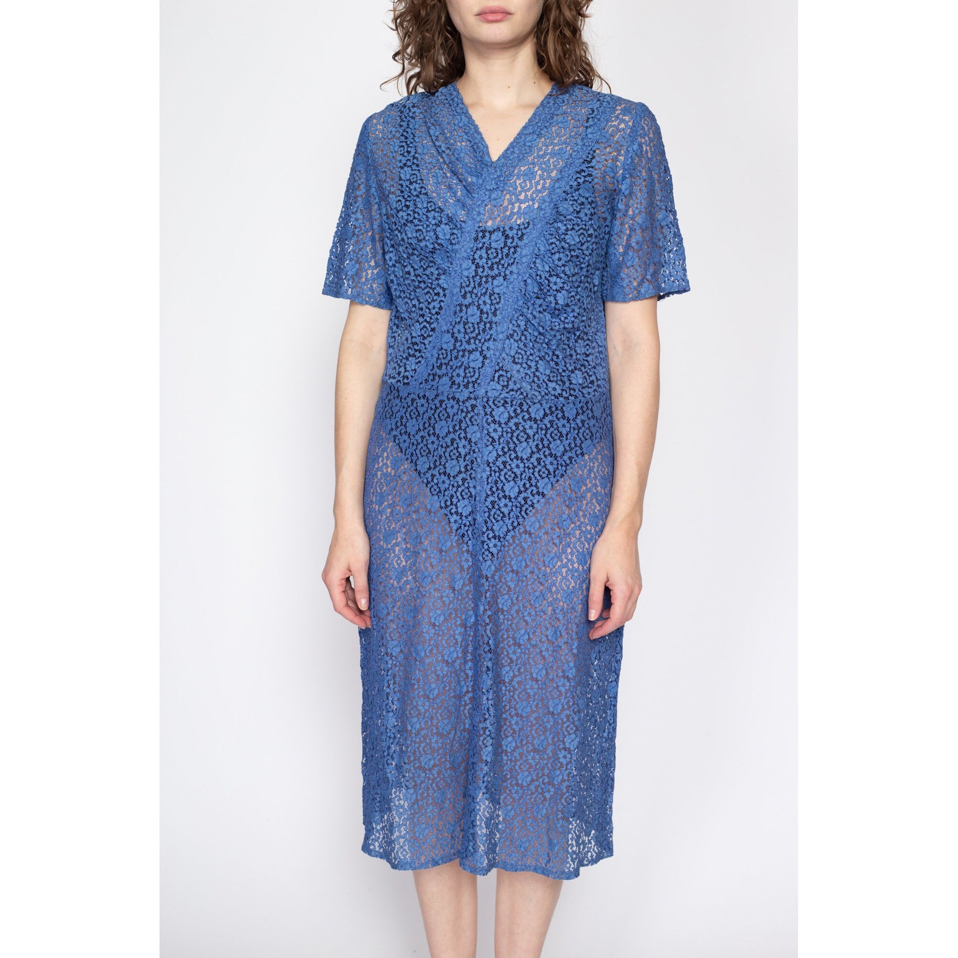 Large 1930s Sheer Blue Floral Lace Day Dress Flying Apple Vintage Large 1930s Sheer Blue Floral Lace Day Dress Flying Apple Vintage