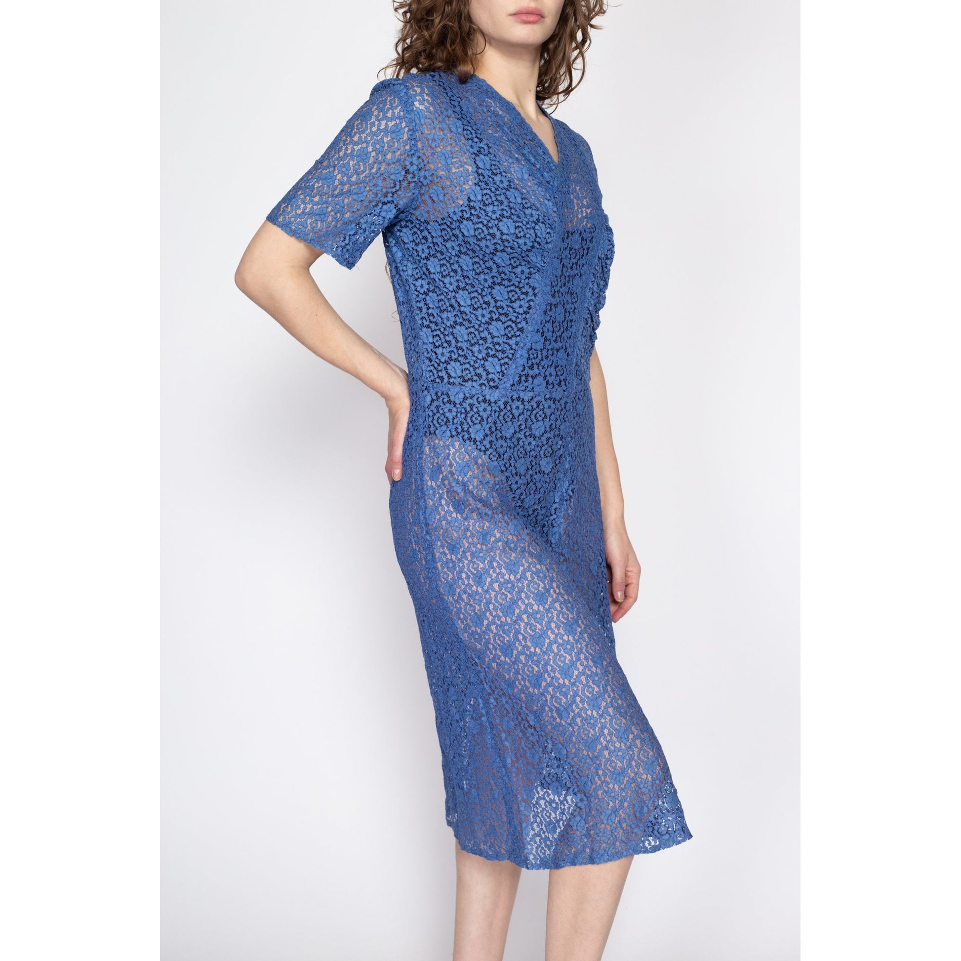 Large 1930s Sheer Blue Floral Lace Day Dress Flying Apple Vintage Large 1930s Sheer Blue Floral Lace Day Dress Flying Apple Vintage
