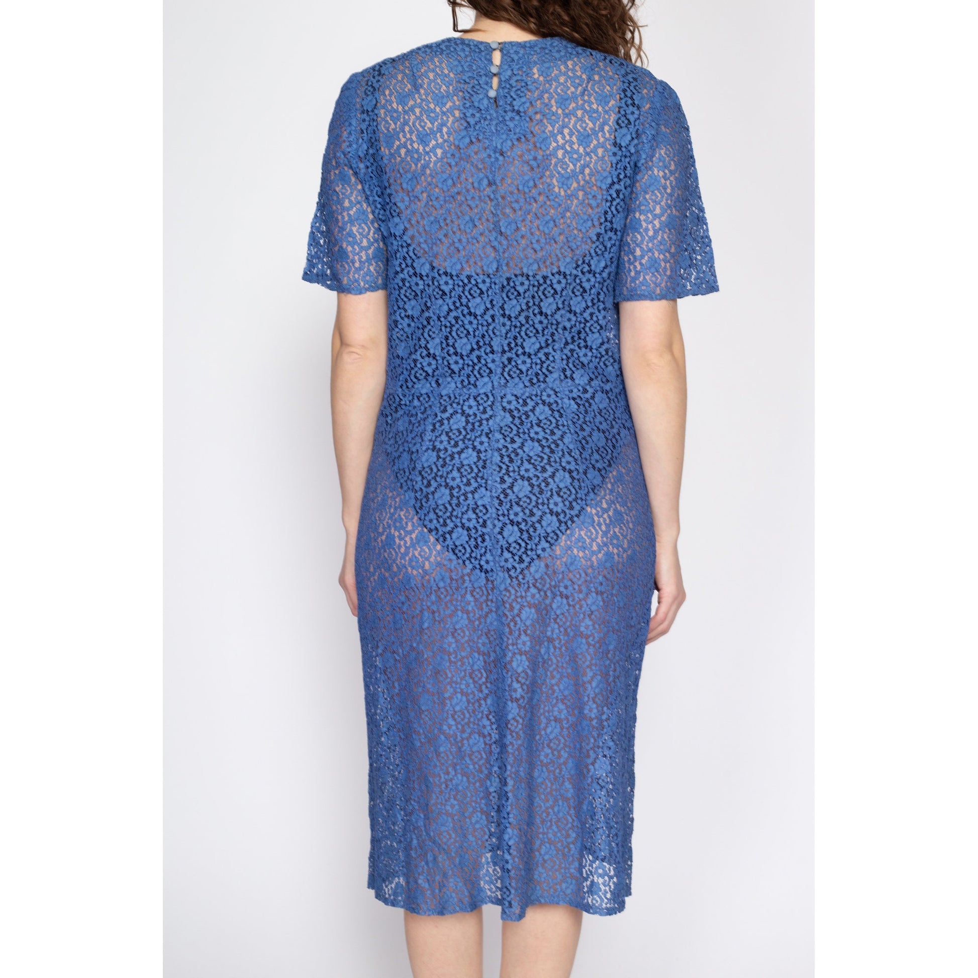 Large 1930s Sheer Blue Floral Lace Day Dress Large 1930s Sheer Blue Floral Lace Day Dress