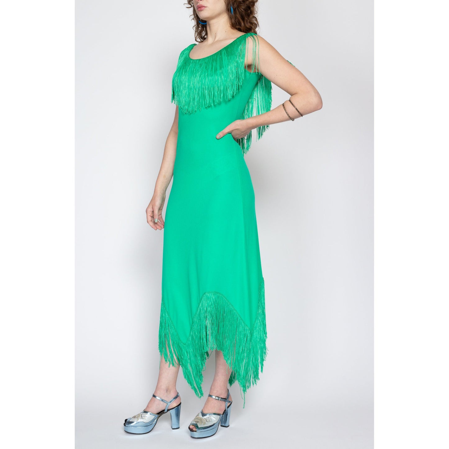 Small 70s Green Fringe Low Back Maxi Disco Dress | Vintage Jack Hartley Scarf Hem Sleeveless Party Evening Gown