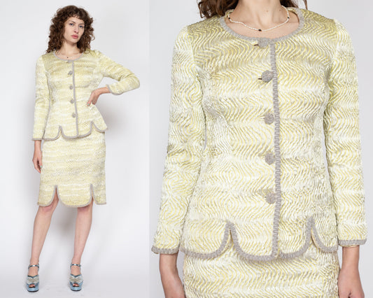 Small 60s Quilted Plisse Blazer & Mini Skirt Set | Vintage Silver Yellow Scalloped Petal Hem Two Piece Suit Outfit