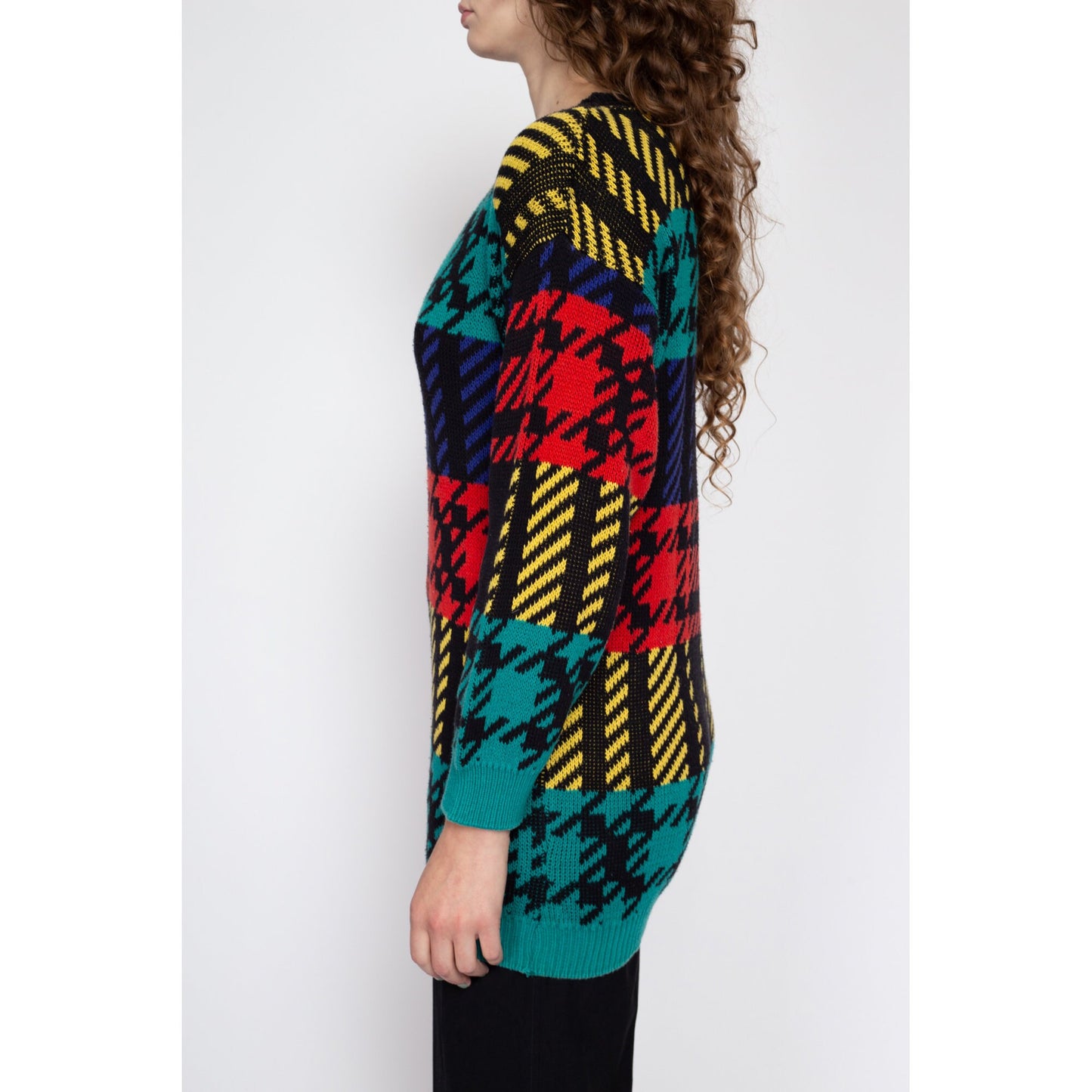 Small 90s Colorful Plaid Long Sweater | Vintage Maximalist Slouchy Knit Pullover