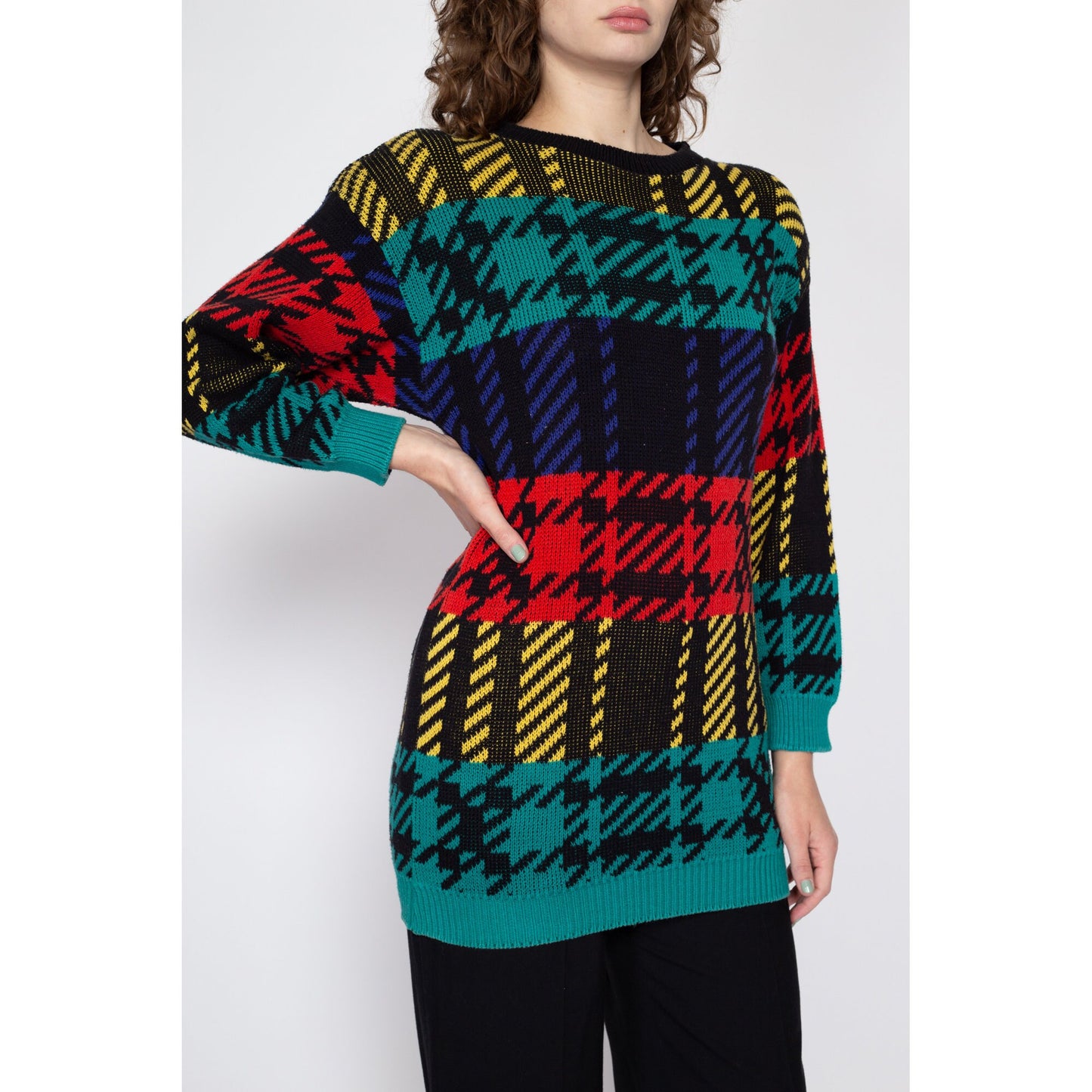 Small 90s Colorful Plaid Long Sweater | Vintage Maximalist Slouchy Knit Pullover
