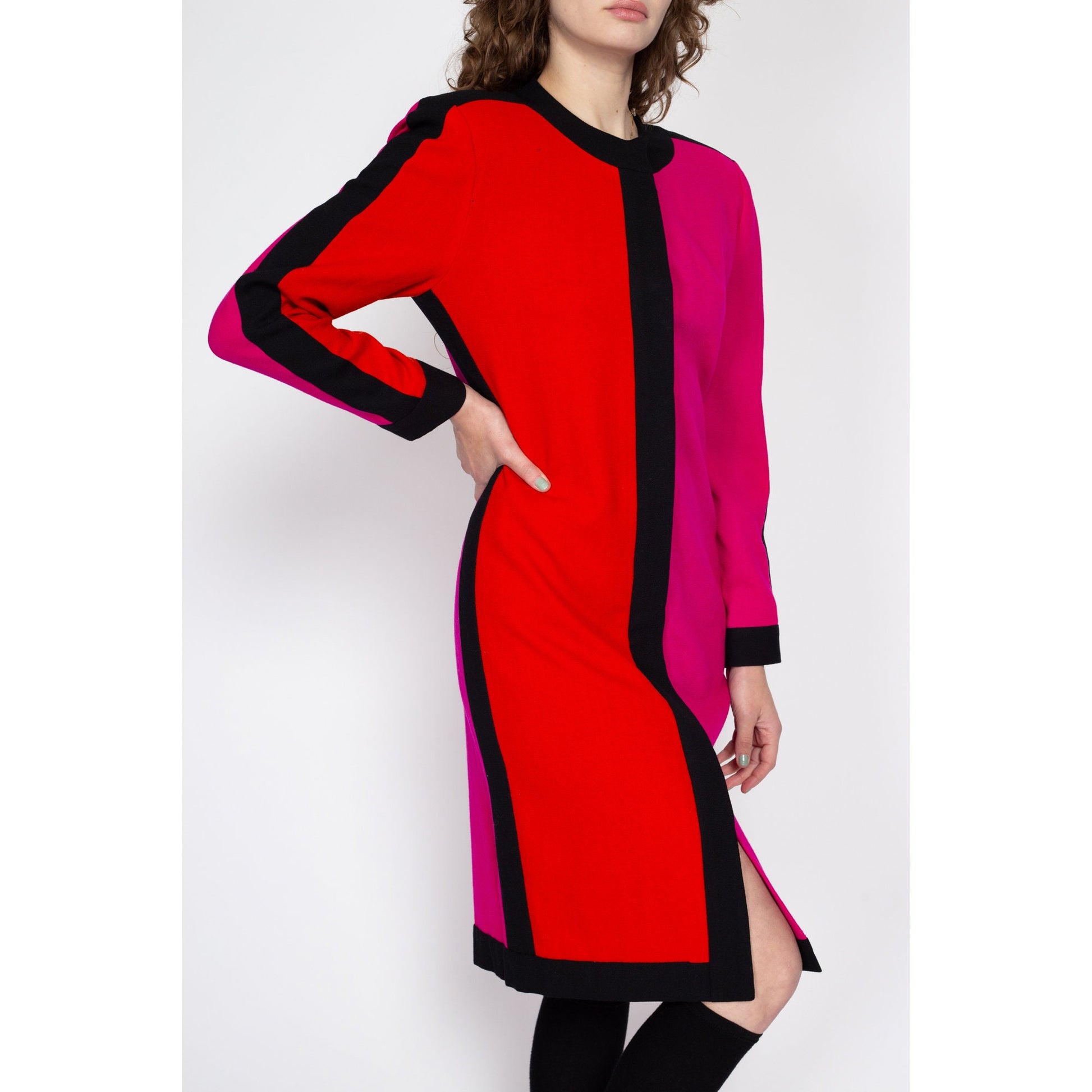 Medium 80s Hot Pink & Orange Color Block Wool Dress | Vintage Long Sleeve Button Up Midi Sweater Dress