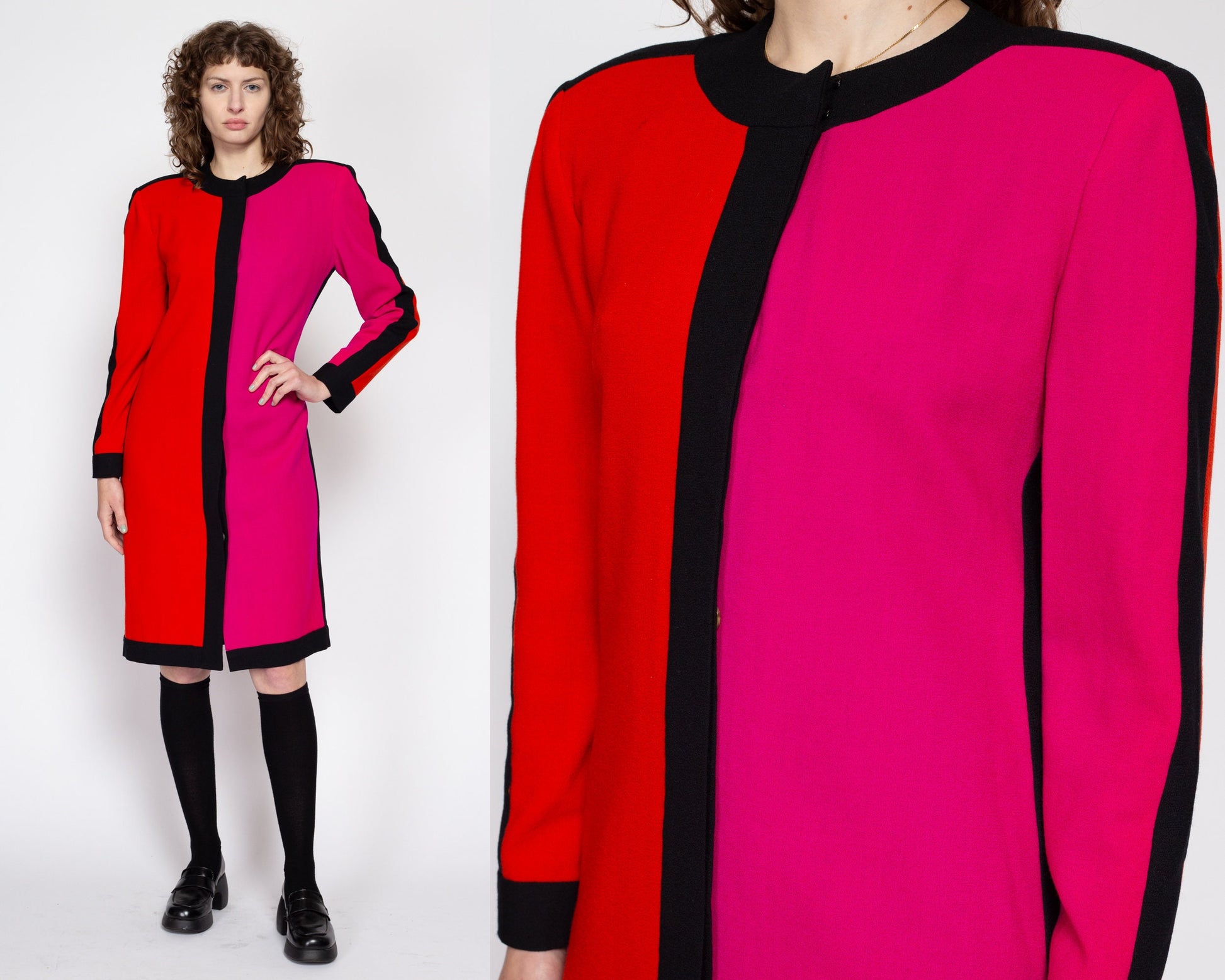 Medium 80s Hot Pink & Orange Color Block Wool Dress | Vintage Long Sleeve Button Up Midi Sweater Dress