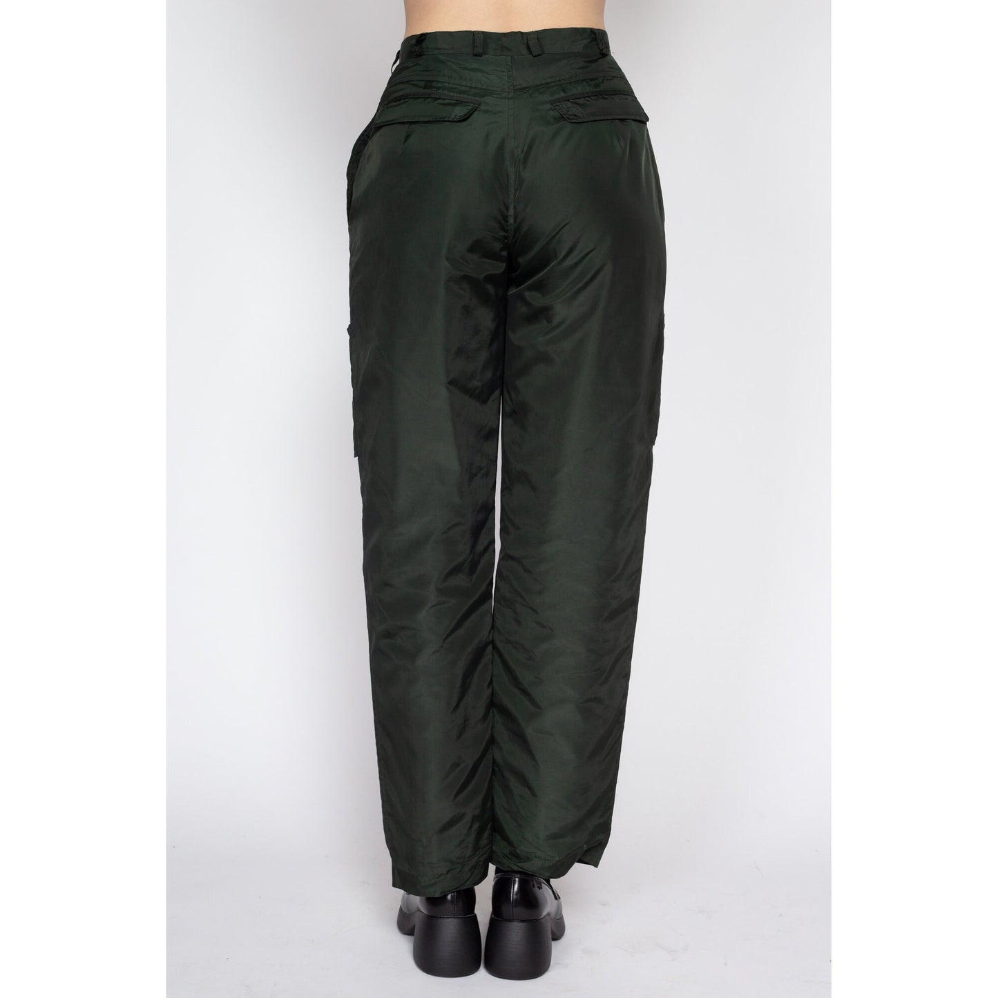 Small 90s Harve Benard Forest Green Lined Windbreaker Pants 27" | Vintage High Waisted Pleated Tapered Leg Cargo Trousers