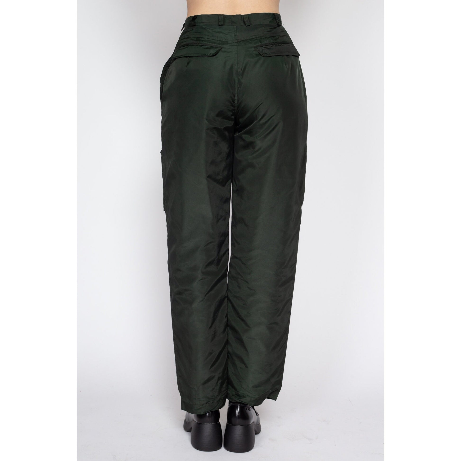 Small 90s Harve Benard Forest Green Lined Windbreaker Pants 27" | Vintage High Waisted Pleated Tapered Leg Cargo Trousers
