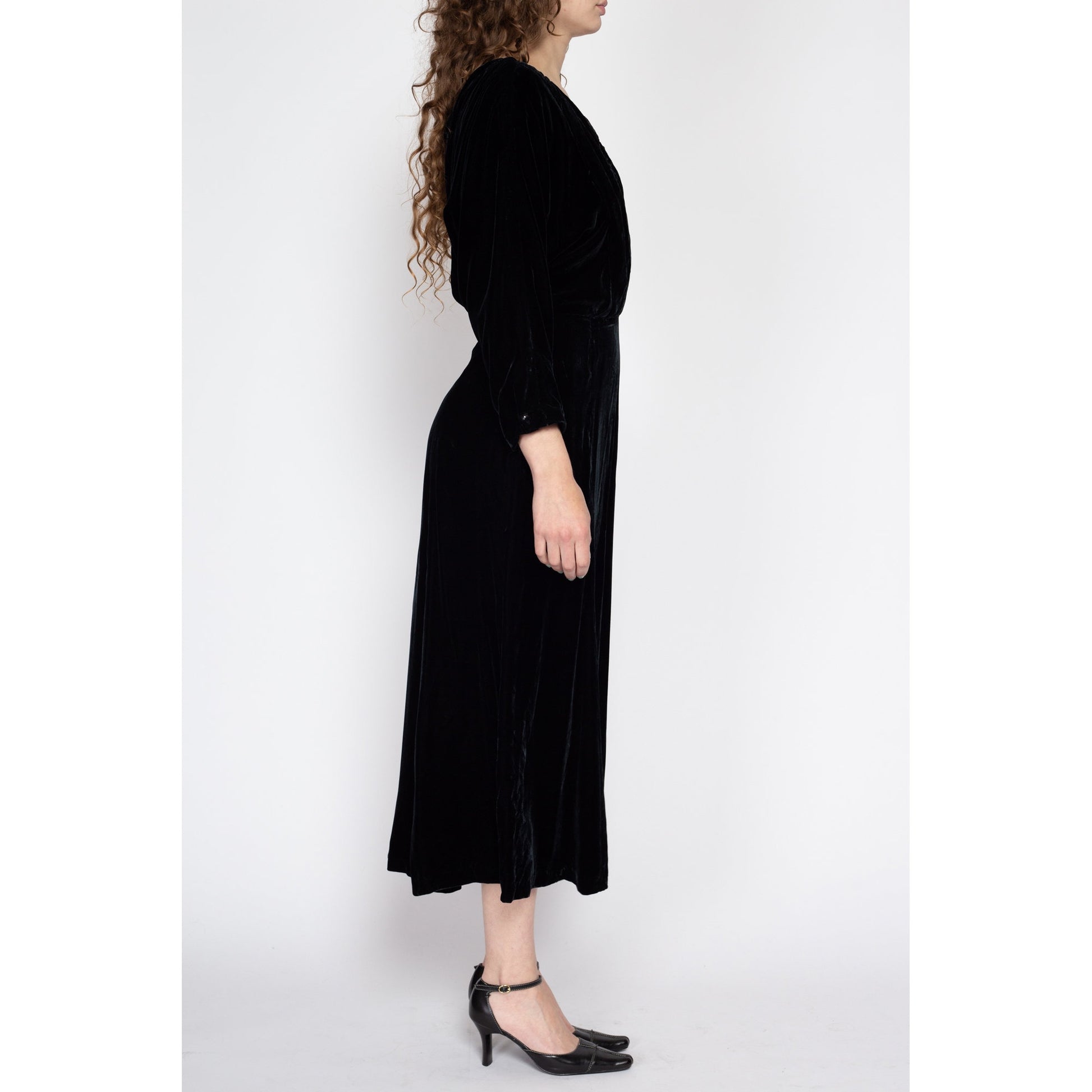 Medium 70s Does Edwardian Nancy Johnson Black Flocked Velvet Dress | Vintage Batwing Sleeve Gothic Midi Dress
