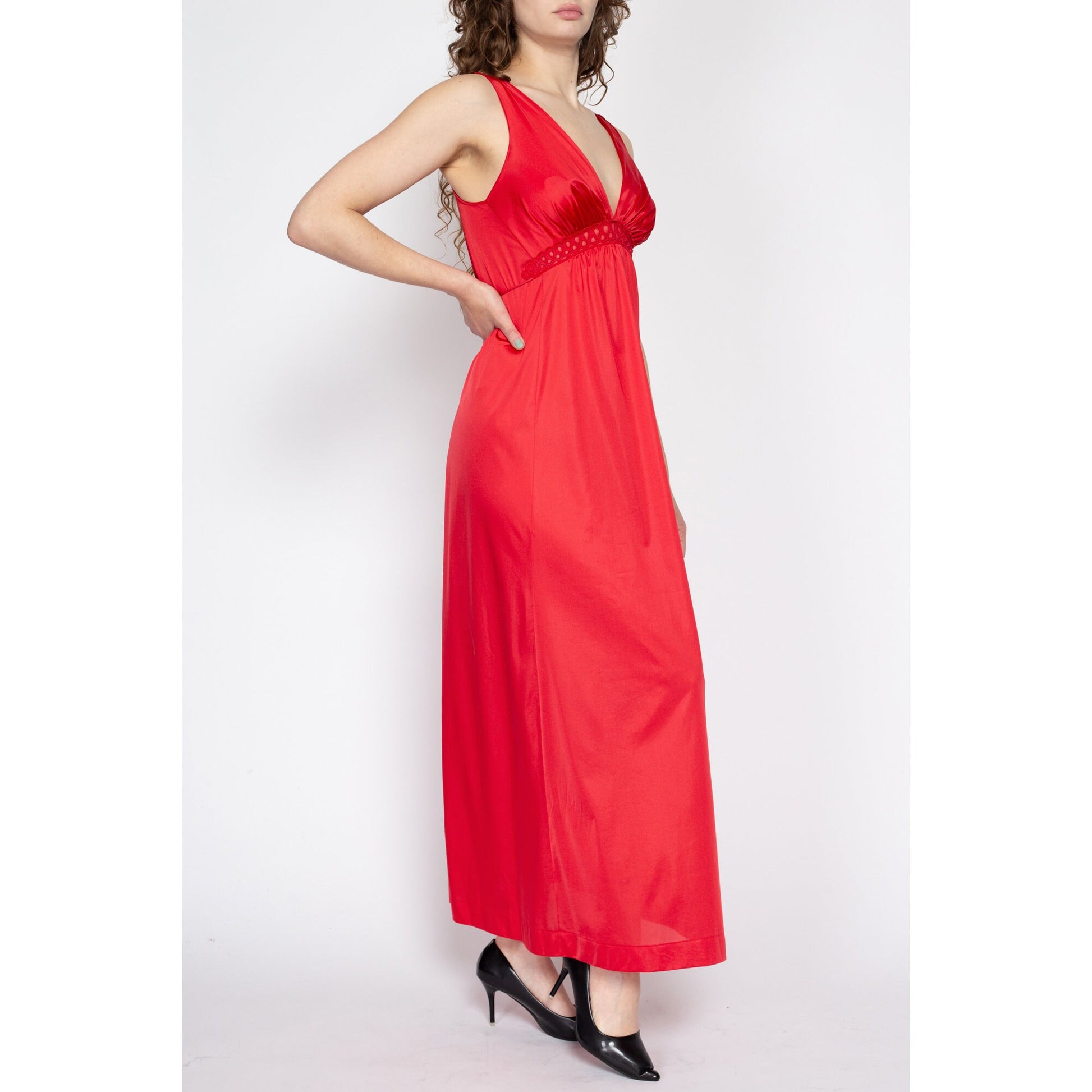 Small 70s Vanity Fair Red Maxi Slip Dress | Vintage Deep V Neck Lingerie Nightgown
