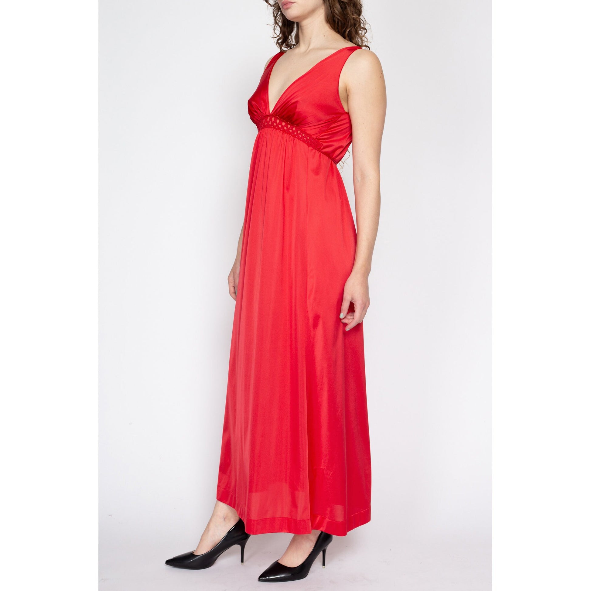 Small 70s Vanity Fair Red Maxi Slip Dress | Vintage Deep V Neck Lingerie Nightgown