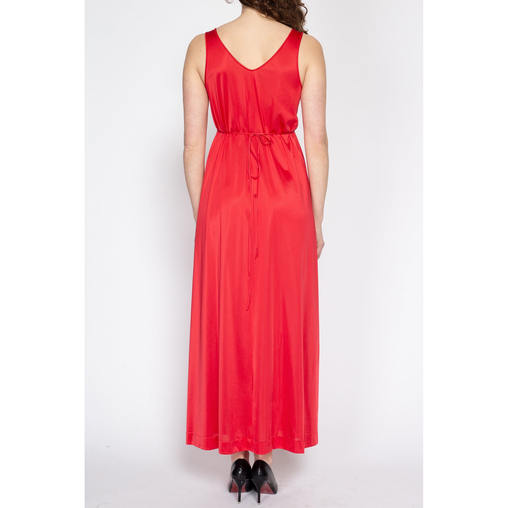 Small 70s Vanity Fair Red Maxi Slip Dress | Vintage Deep V Neck Lingerie Nightgown